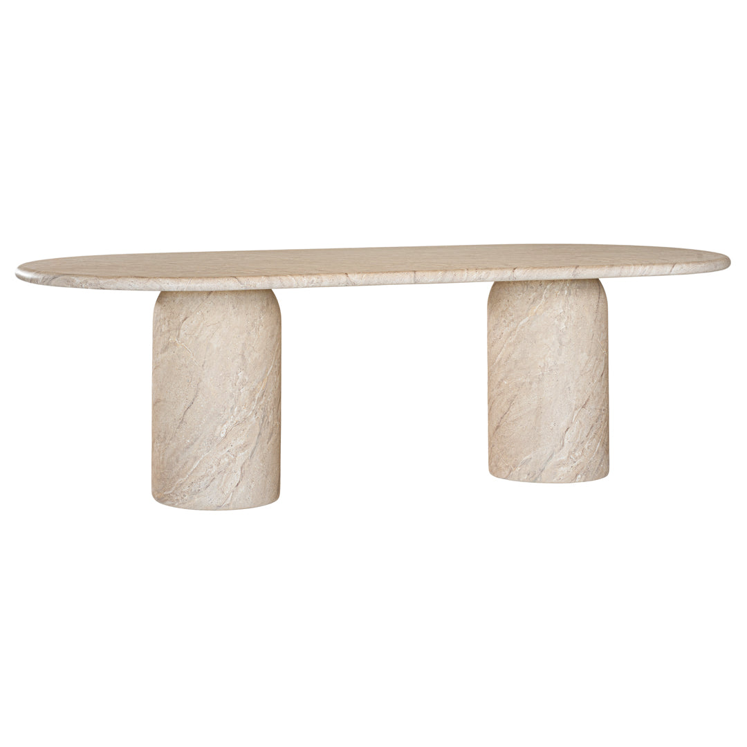 Ayanda dining table in dune hydro dipped finish with oval tabletop and two cylindrical pedestal bases.