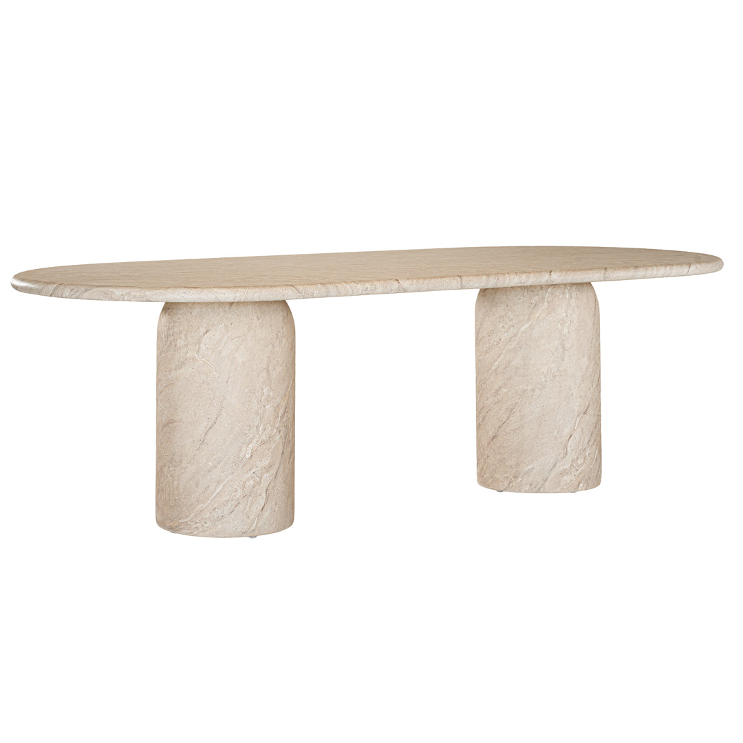 Ayanda dining table in dune hydro dipped finish with oval tabletop and two cylindrical pedestal bases.
