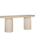 Ayanda dining table in dune hydro dipped finish with oval tabletop and two cylindrical pedestal bases.