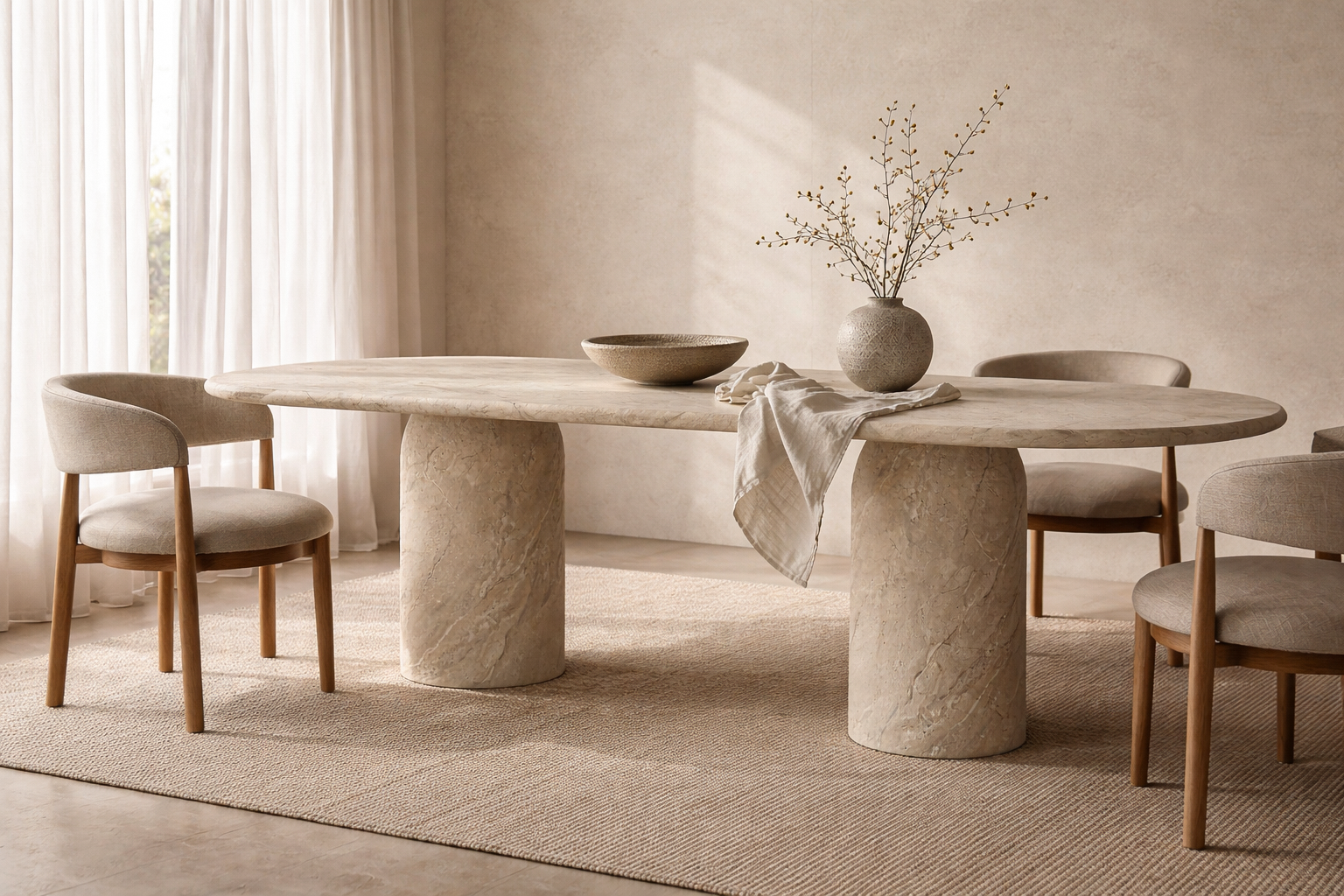 Ayanda dining table in dune hydro dipped finish with oval top and cylindrical pedestal bases styled in a warm neutral dining space.