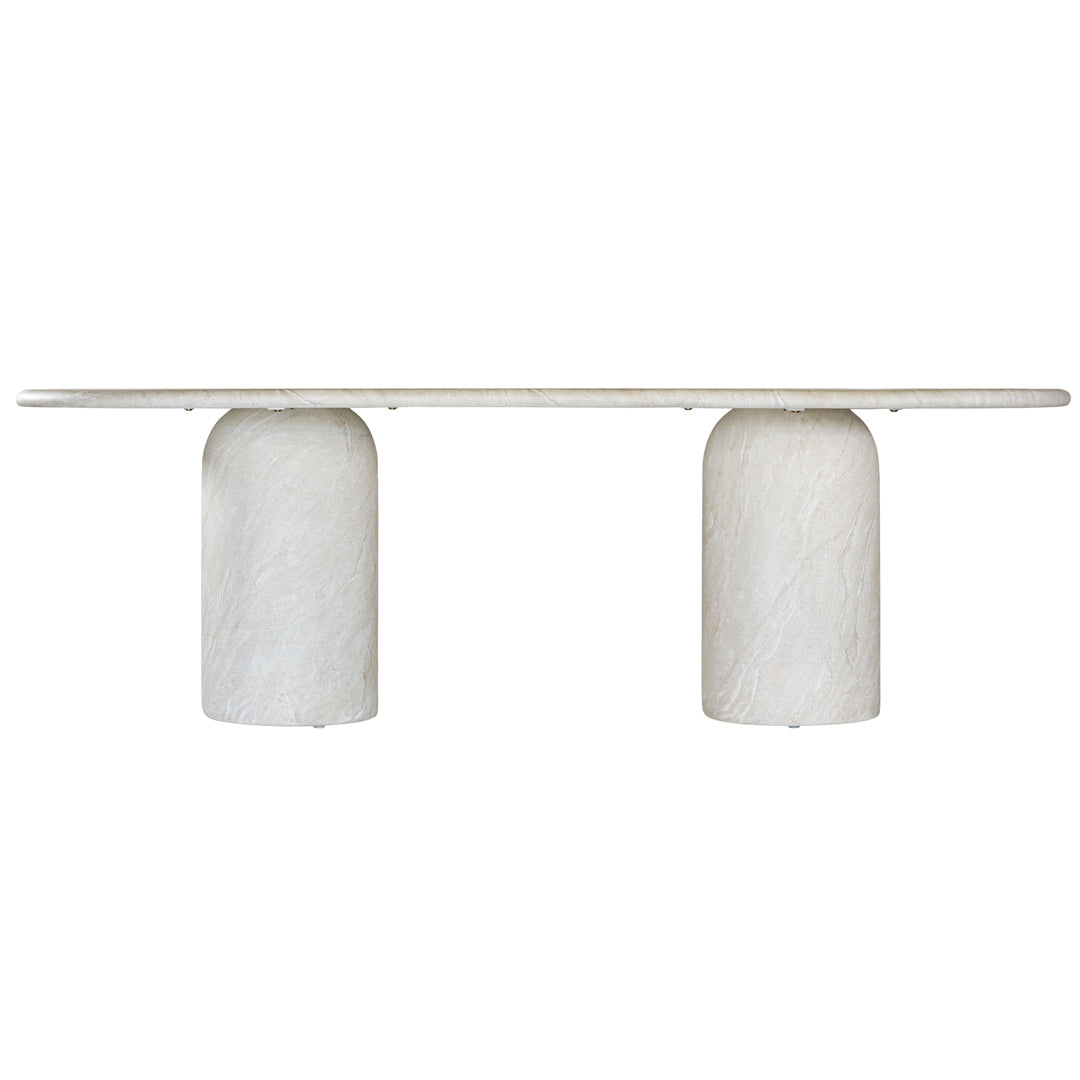 Ayanda dining table in eggshell hydro dipped finish with oval tabletop and two cylindrical pedestal bases.