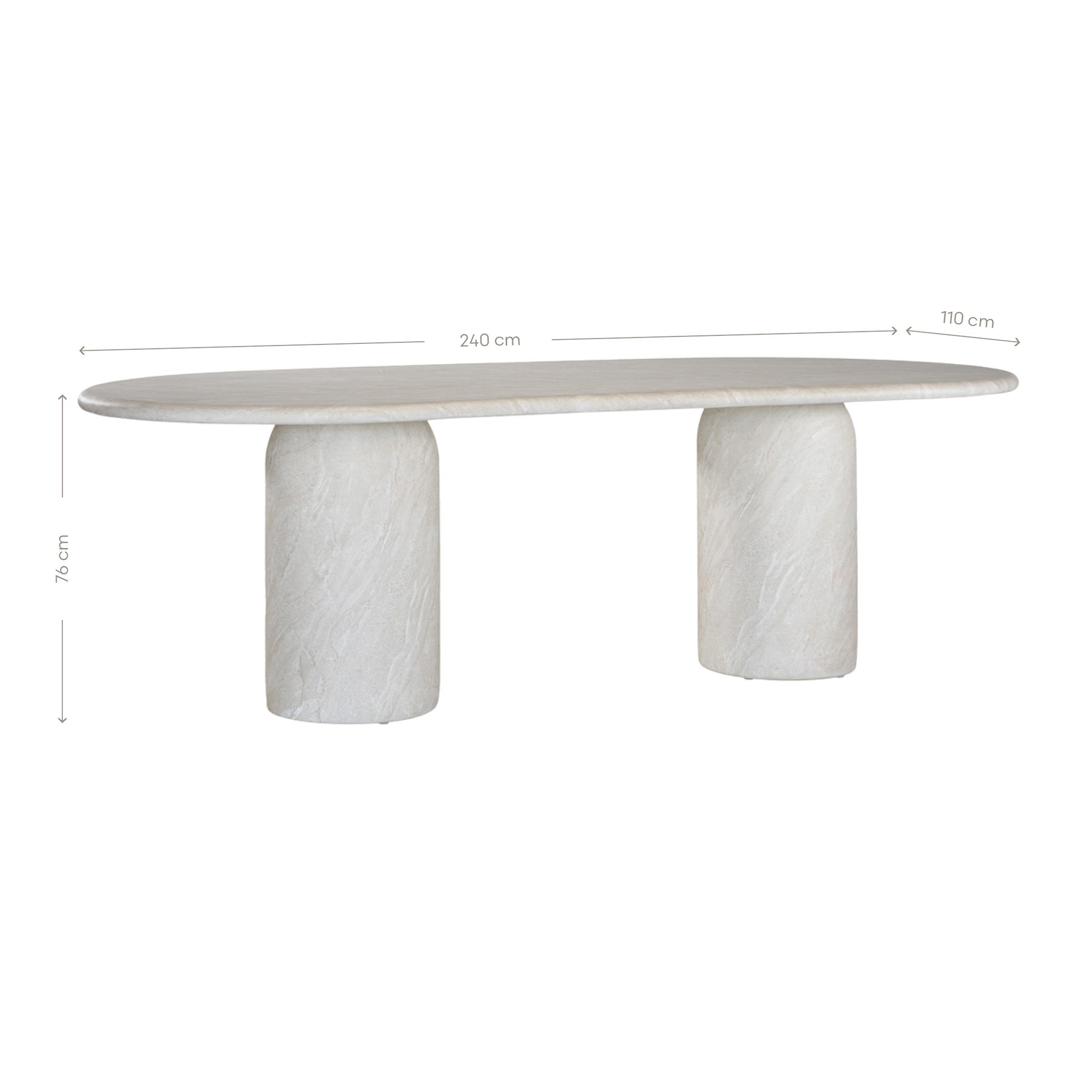 Ayanda dining table in eggshell hydro dipped finish with oval tabletop and two cylindrical pedestal bases.