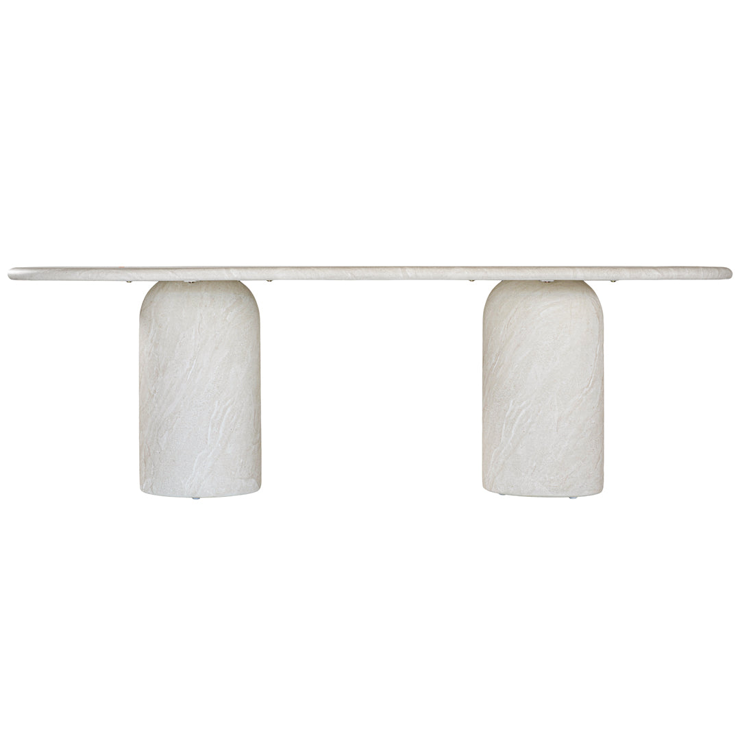 Ayanda dining table in eggshell hydro dipped finish with oval tabletop and two cylindrical pedestal bases.