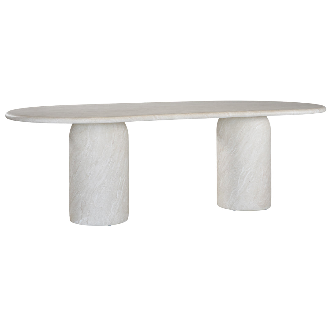 Ayanda dining table in eggshell hydro dipped finish with oval tabletop and two cylindrical pedestal bases.
