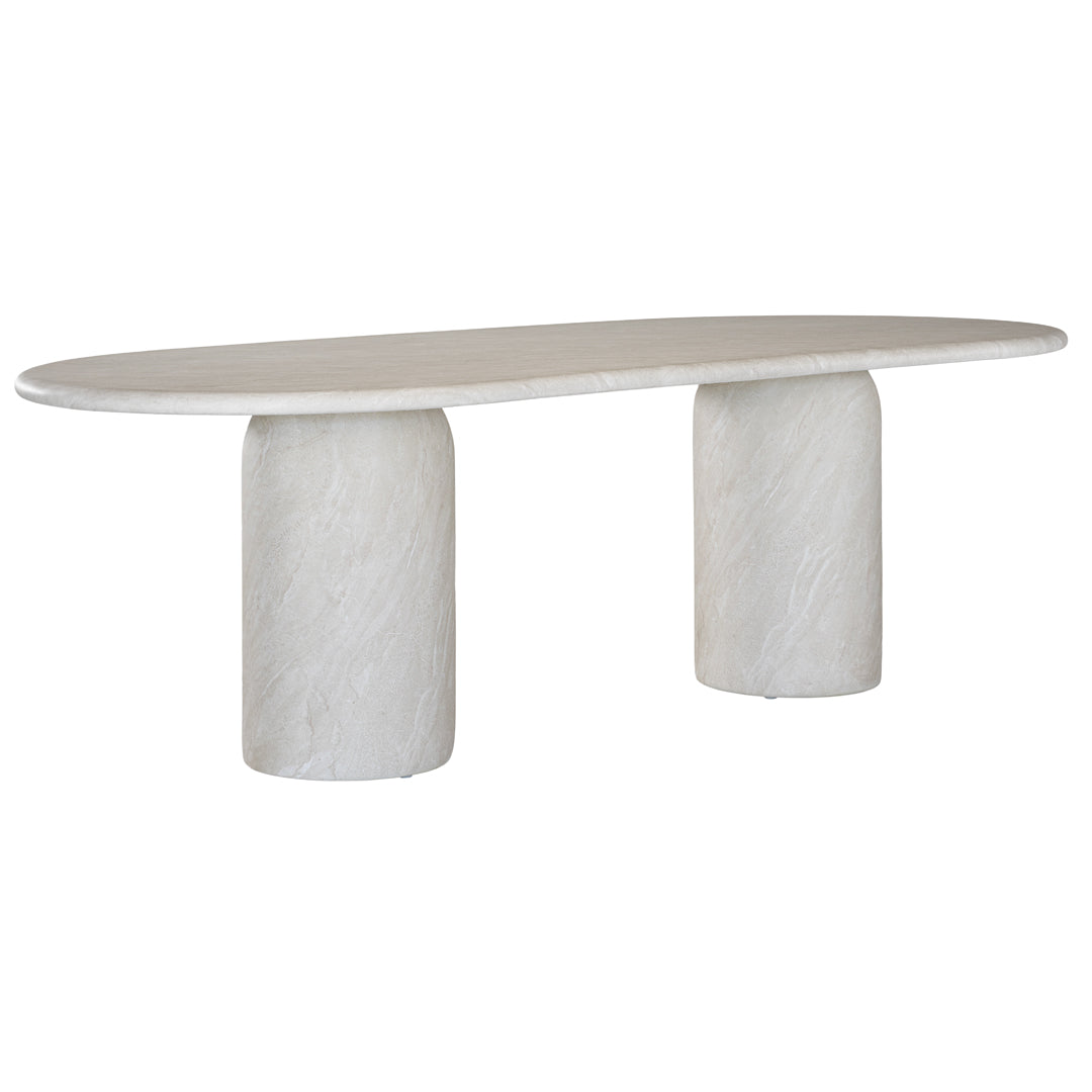 Ayanda dining table in eggshell hydro dipped finish with oval tabletop and two cylindrical pedestal bases.