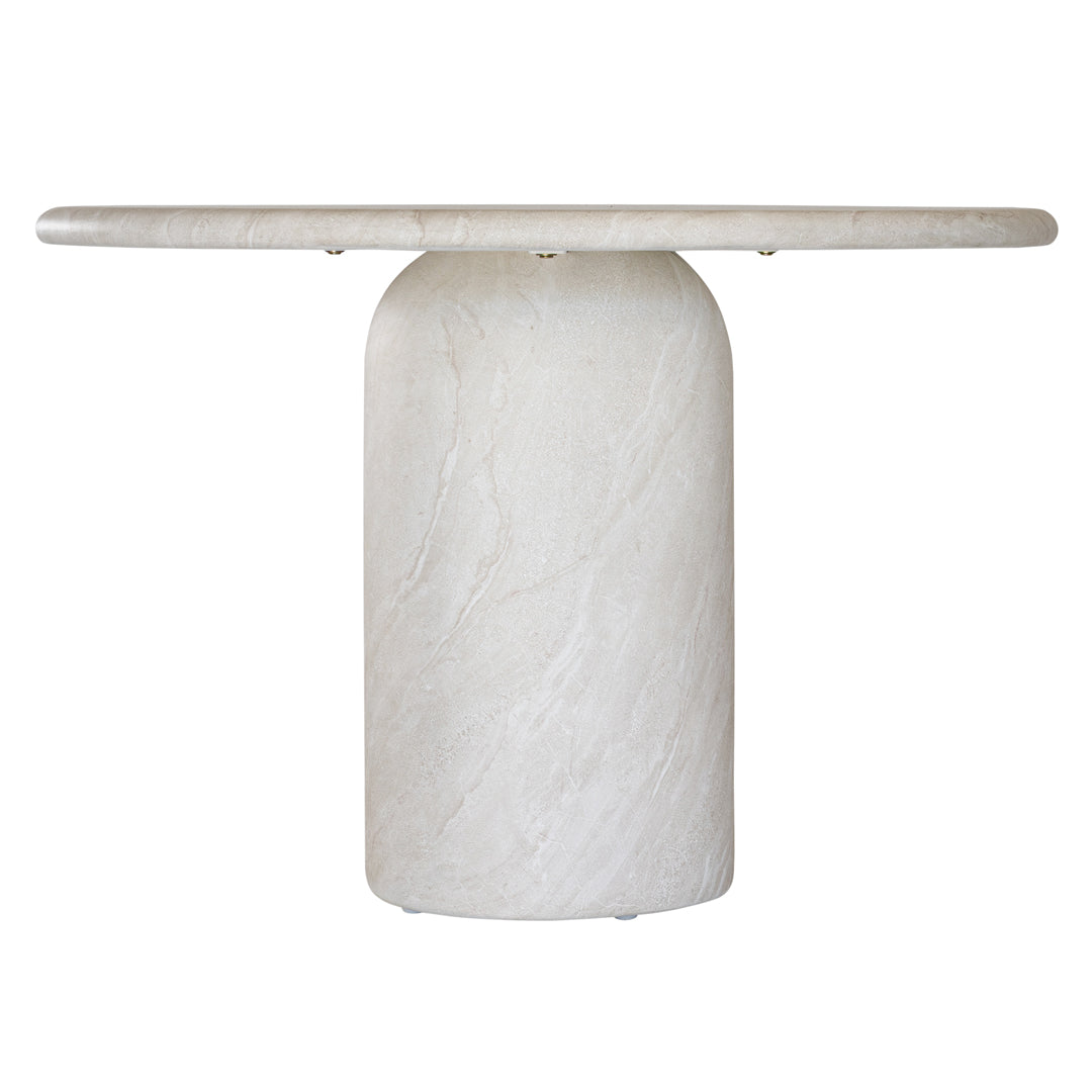 Ayanda dining table in eggshell hydro dipped finish with oval tabletop and two cylindrical pedestal bases.