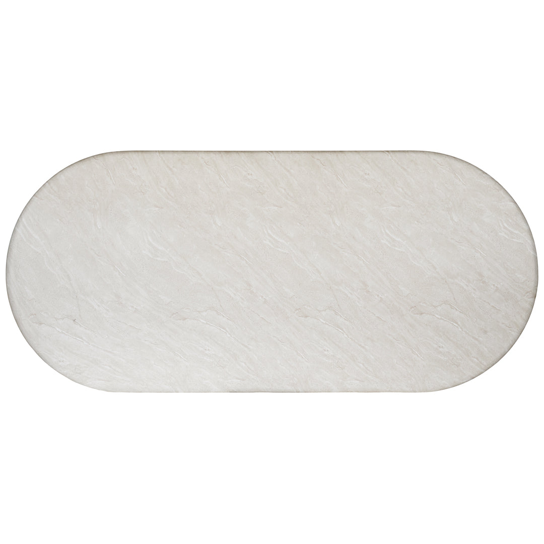 Ayanda dining table in eggshell hydro dipped finish with oval tabletop and two cylindrical pedestal bases.