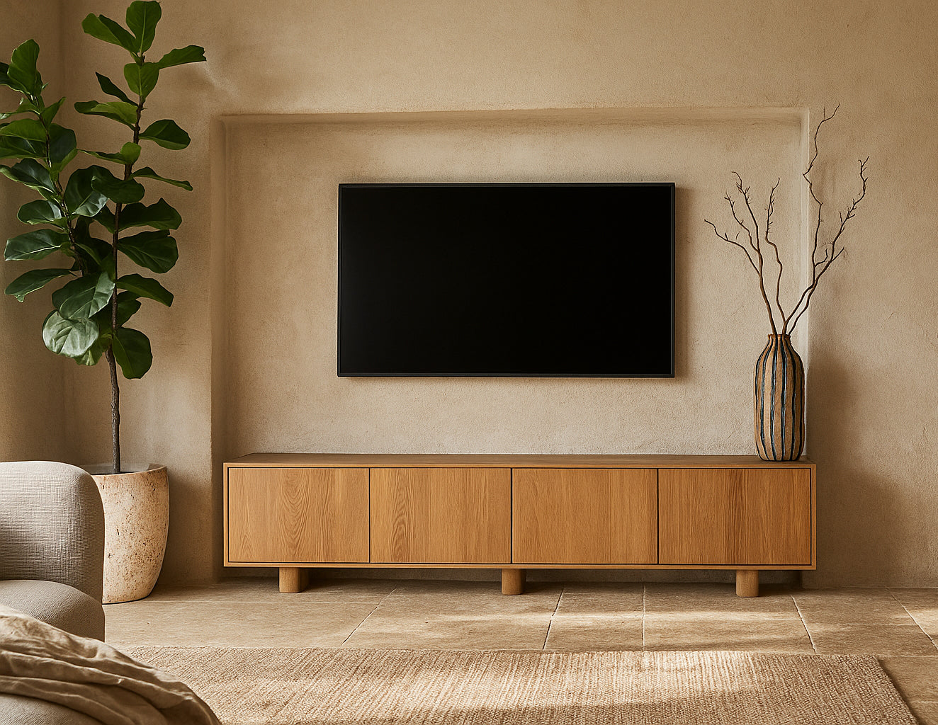Bajo Sideboard crafted from natural oak styled in a modern living room with neutral tones, featuring a floating design beneath a wall-mounted TV and ceramic vase