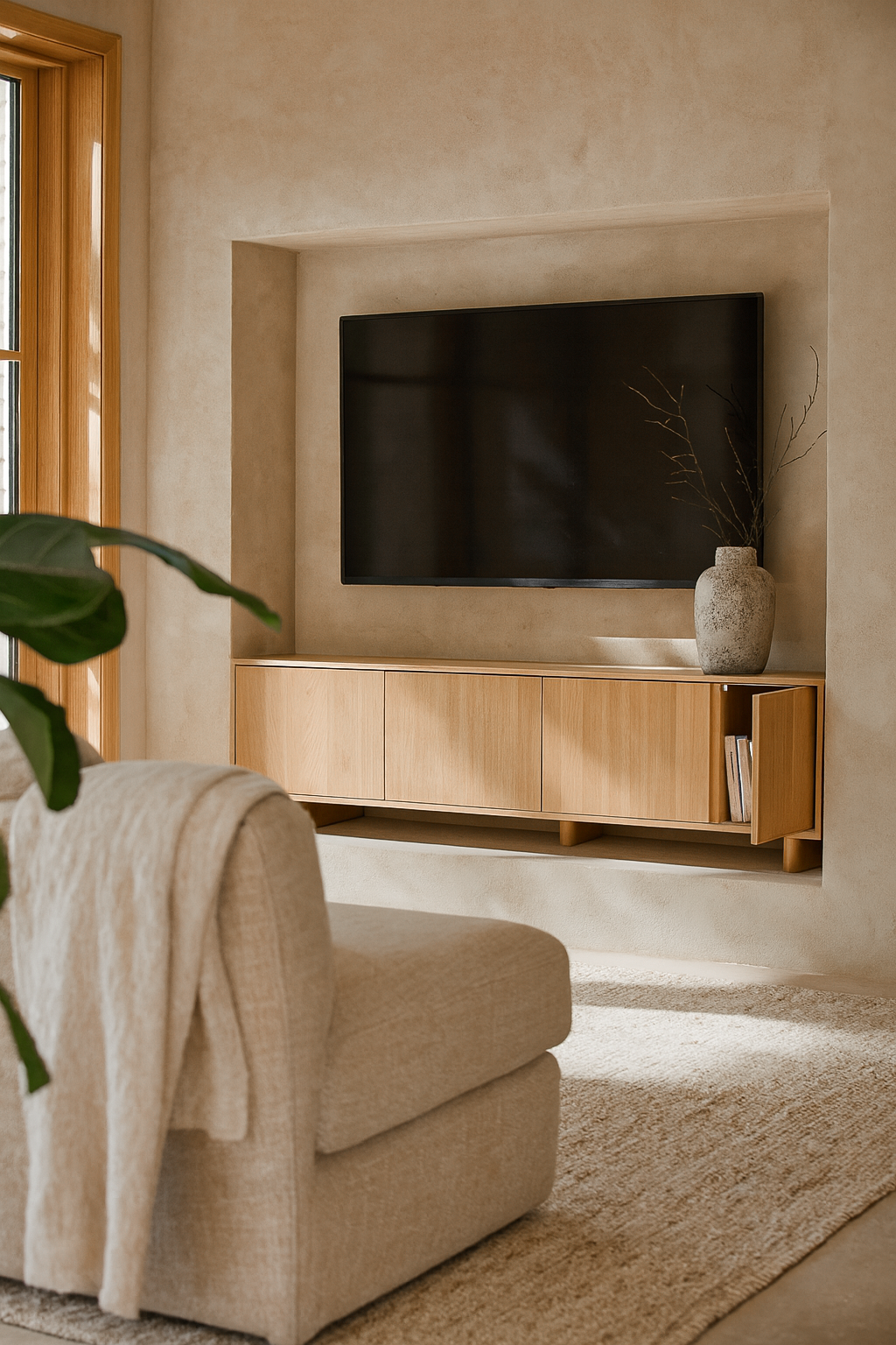 Bajo Sideboard crafted from natural oak styled in a modern living room with neutral tones, featuring a floating design beneath a wall-mounted TV and ceramic vase