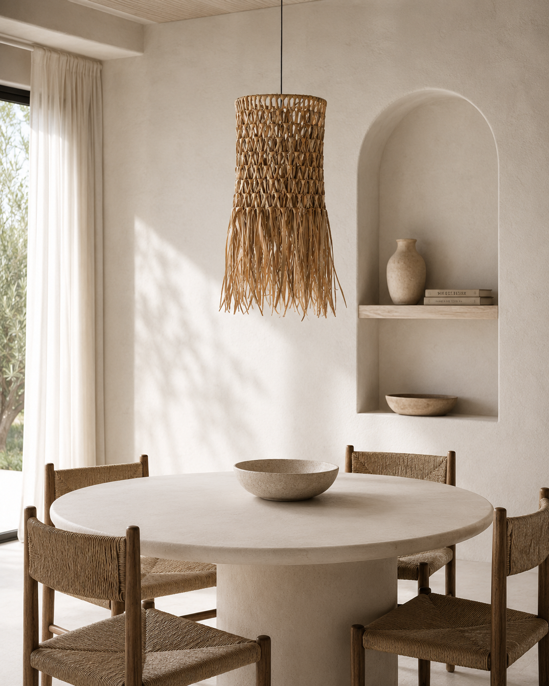 Bakonga Pendant in Natural suspended above a round dining table, bringing organic texture and warm handcrafted character to a calm contemporary dining space.