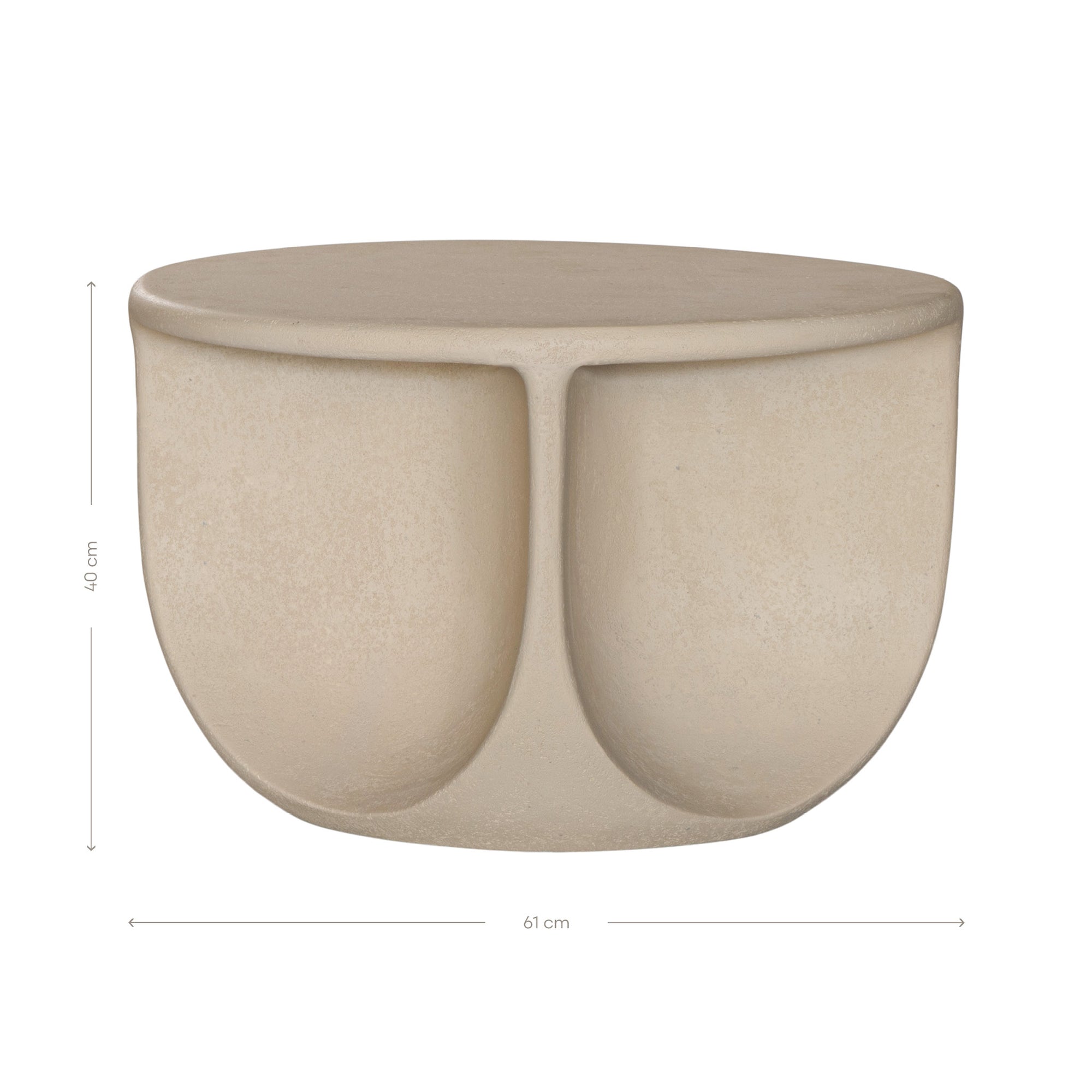 Berber coffee table in driftstone finish featuring sculptural curved legs and a softly rounded top with a textured natural surface.