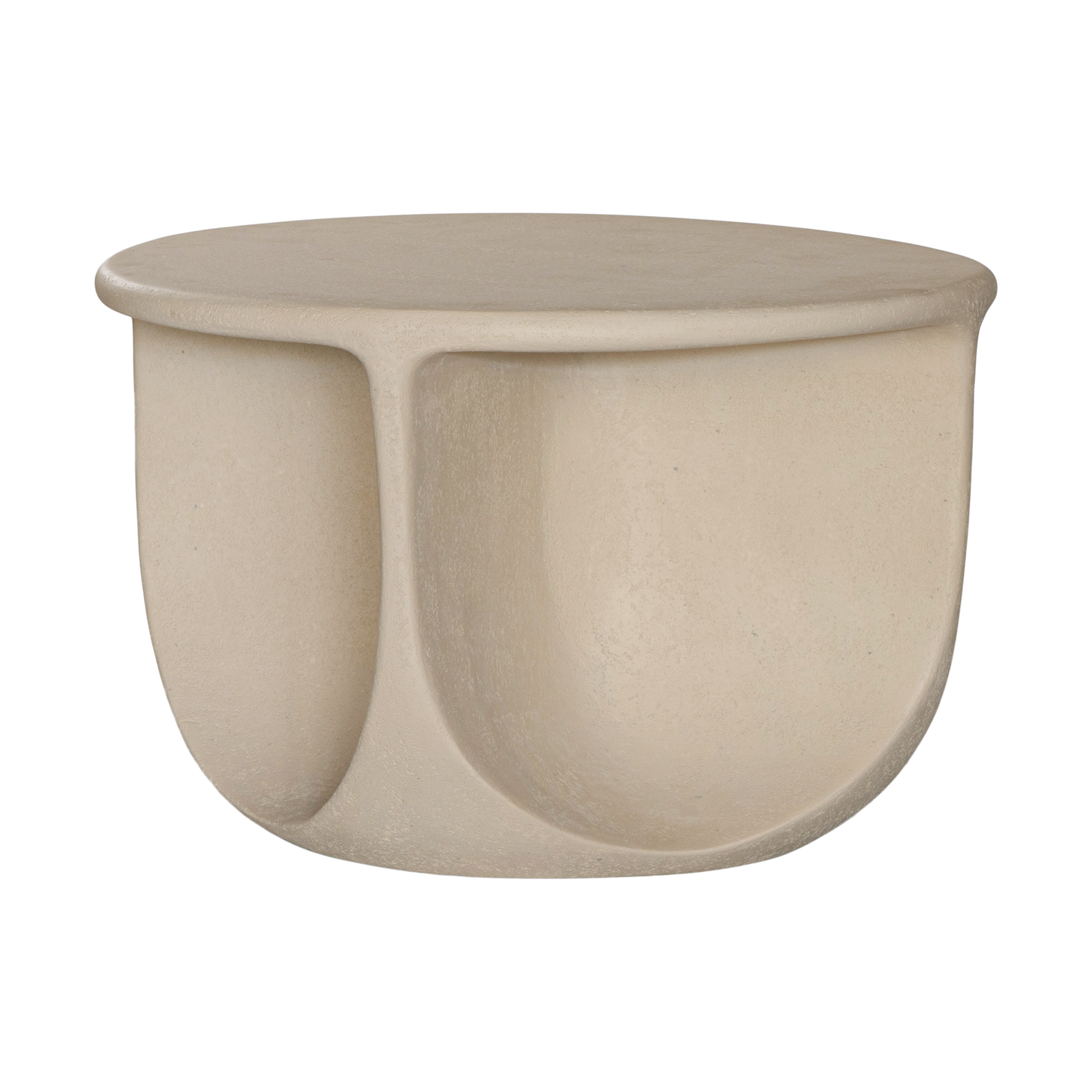 Berber coffee table in driftstone finish featuring sculptural curved legs and a softly rounded top with a textured natural surface.