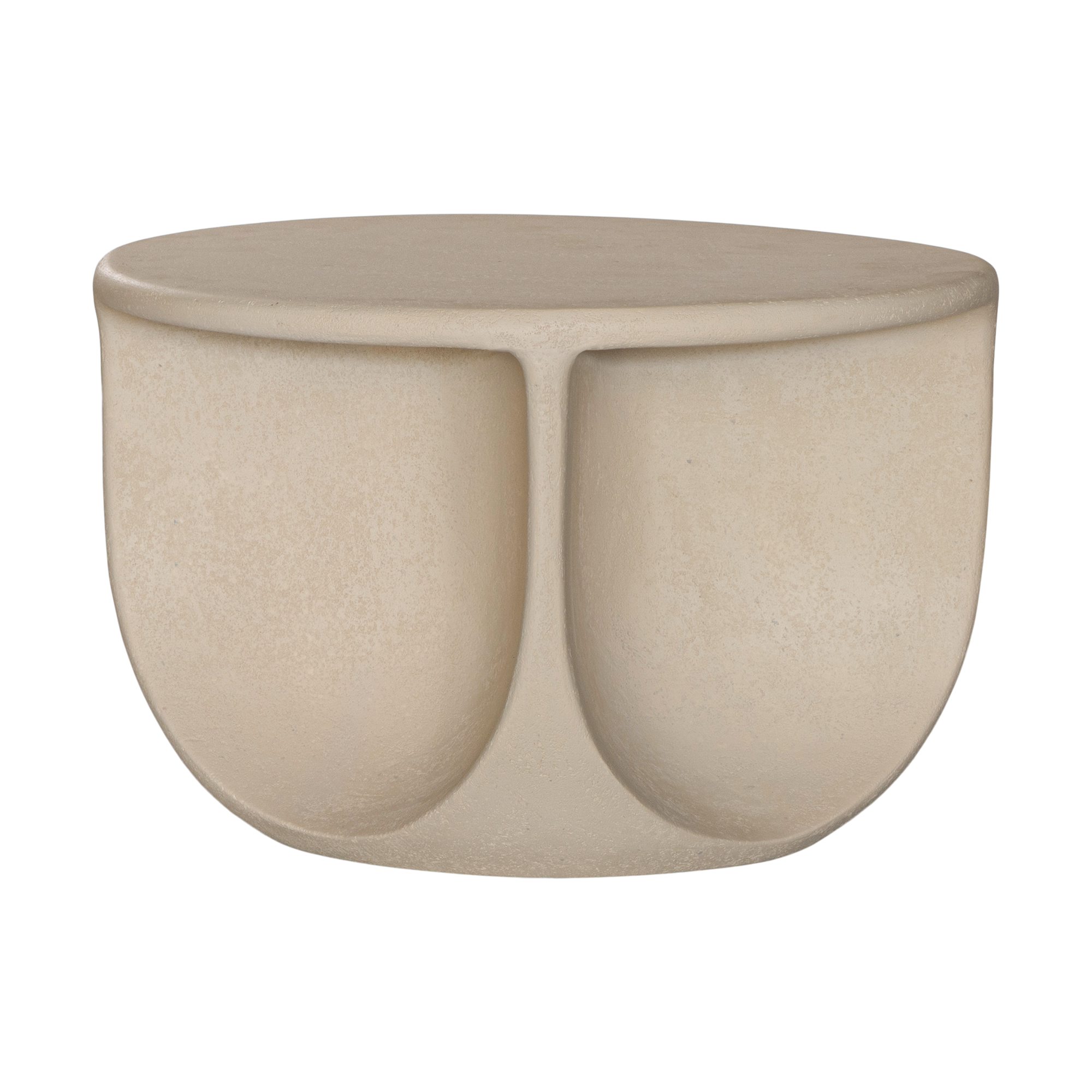 Berber coffee table in driftstone finish featuring sculptural curved legs and a softly rounded top with a textured natural surface.