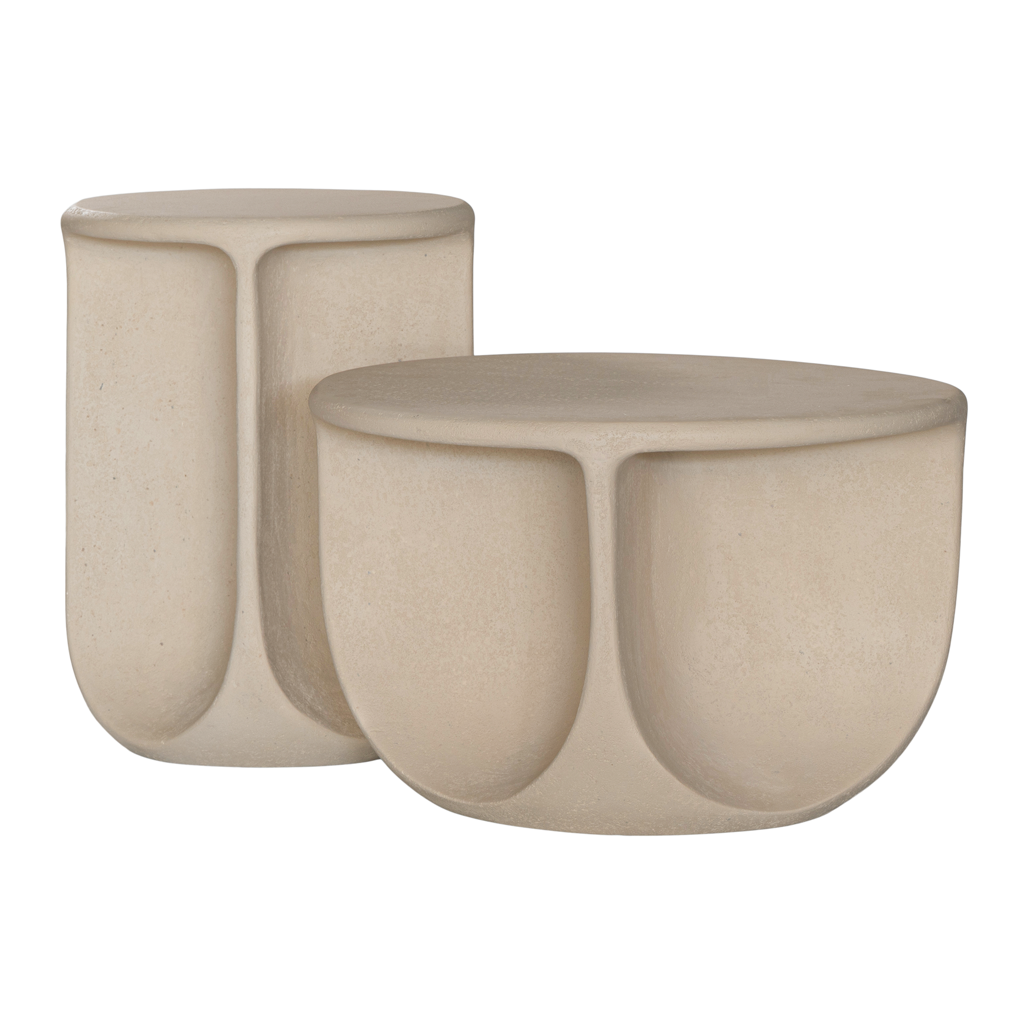 Berber side and coffee table in driftstone finish featuring sculptural curved legs and a softly rounded top with a textured natural surface.