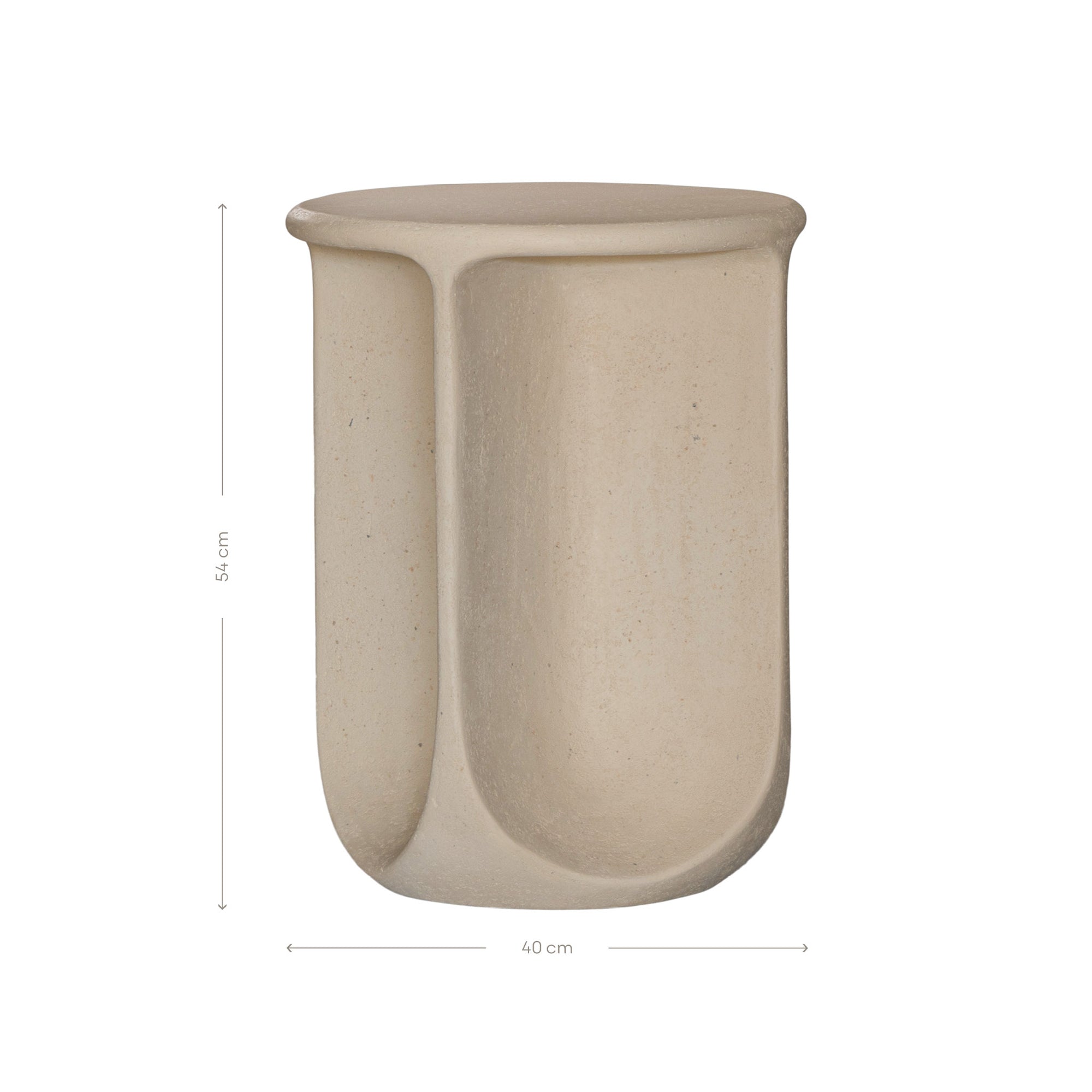 Berber side table in driftstone finish featuring sculptural curved legs and a softly rounded top with a textured natural surface.
