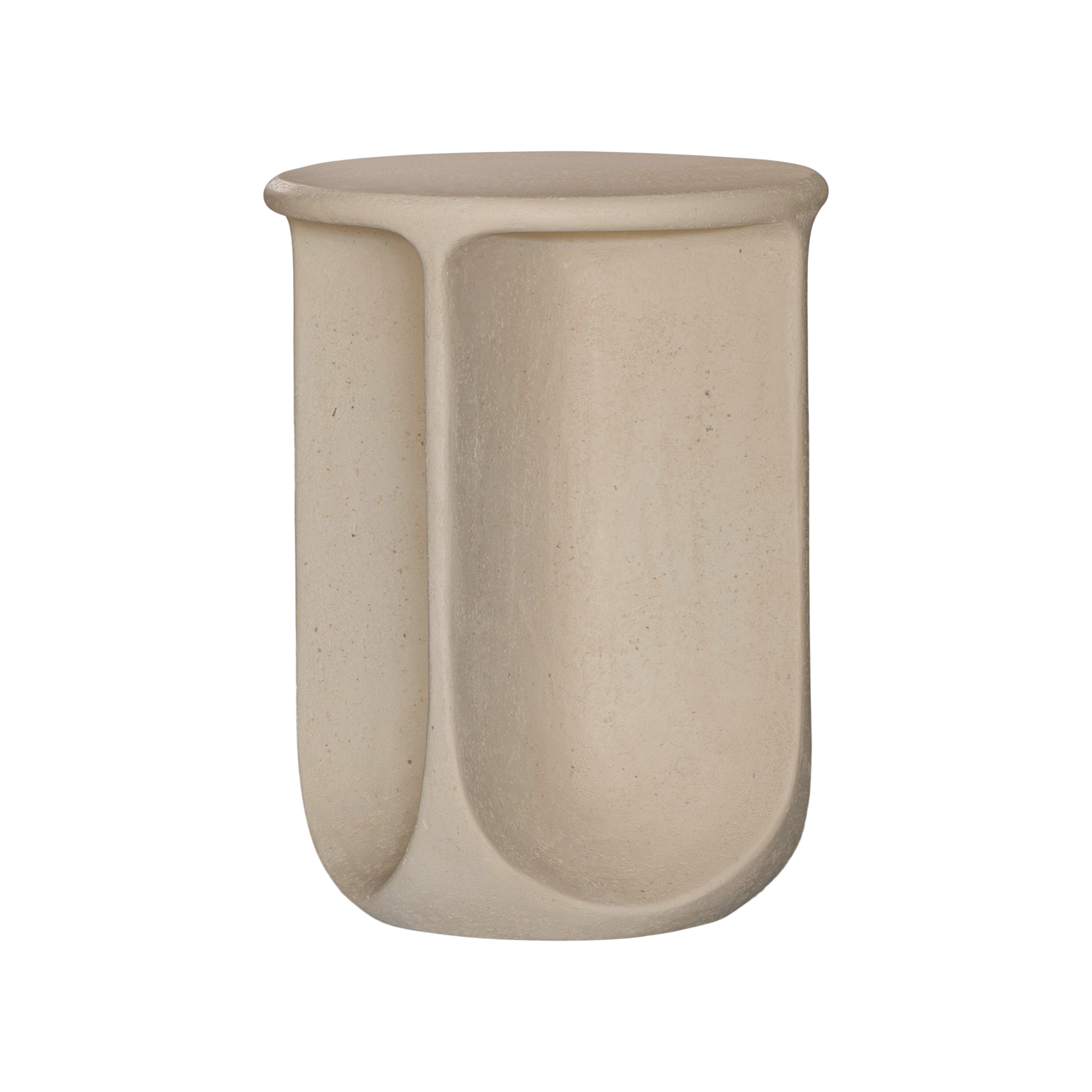 Berber side table in driftstone finish featuring sculptural curved legs and a softly rounded top with a textured natural surface.