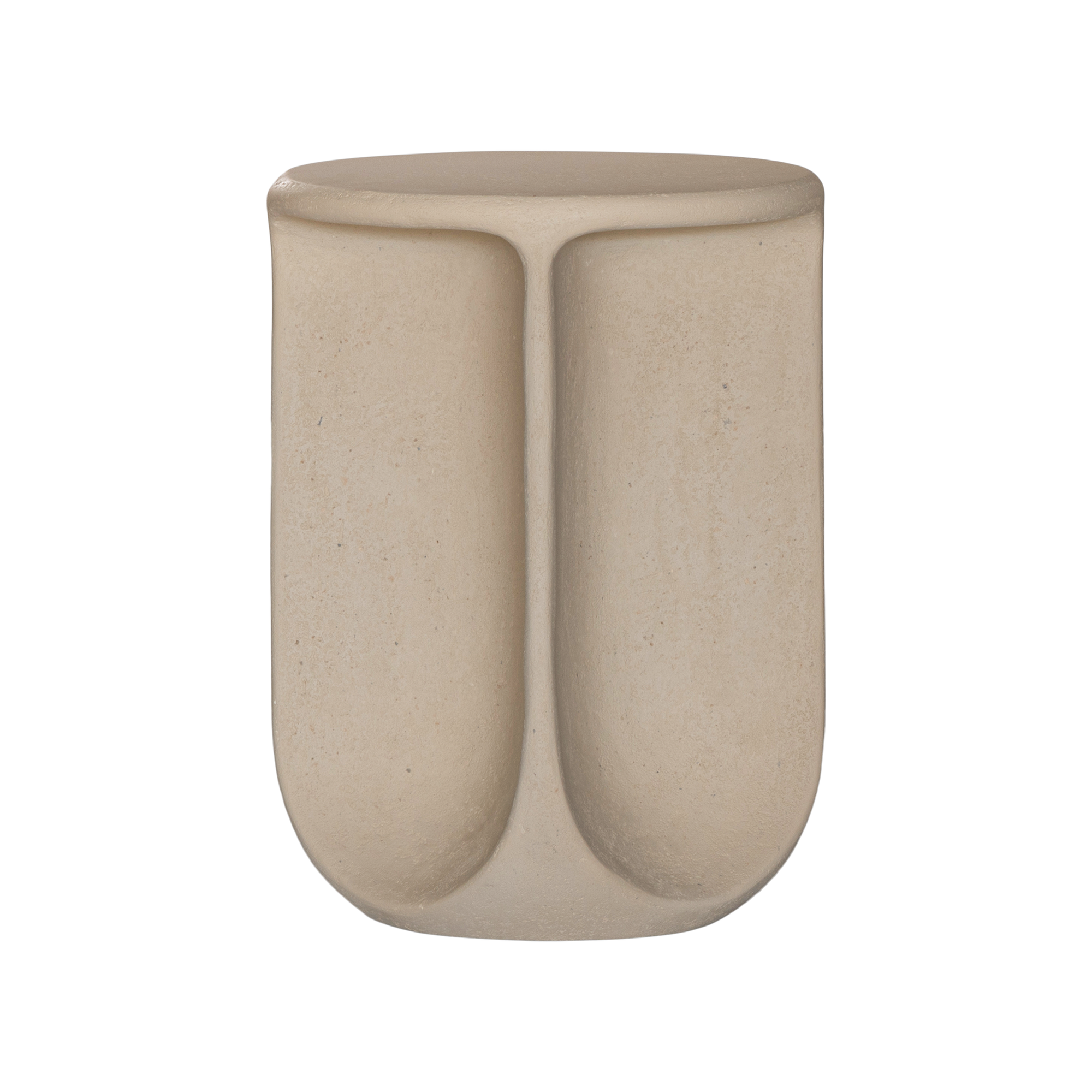 Berber side table in driftstone finish featuring sculptural curved legs and a softly rounded top with a textured natural surface.