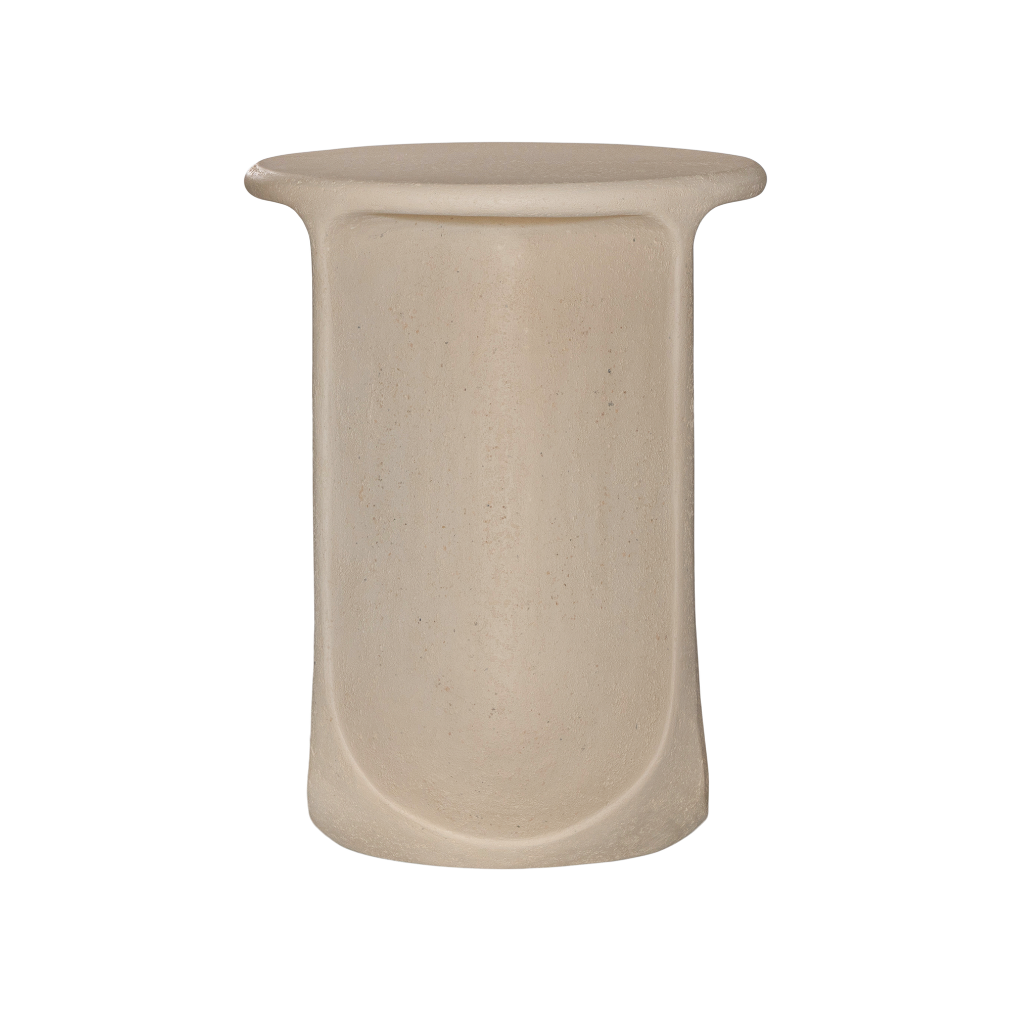 Berber side table in driftstone finish featuring sculptural curved legs and a softly rounded top with a textured natural surface.