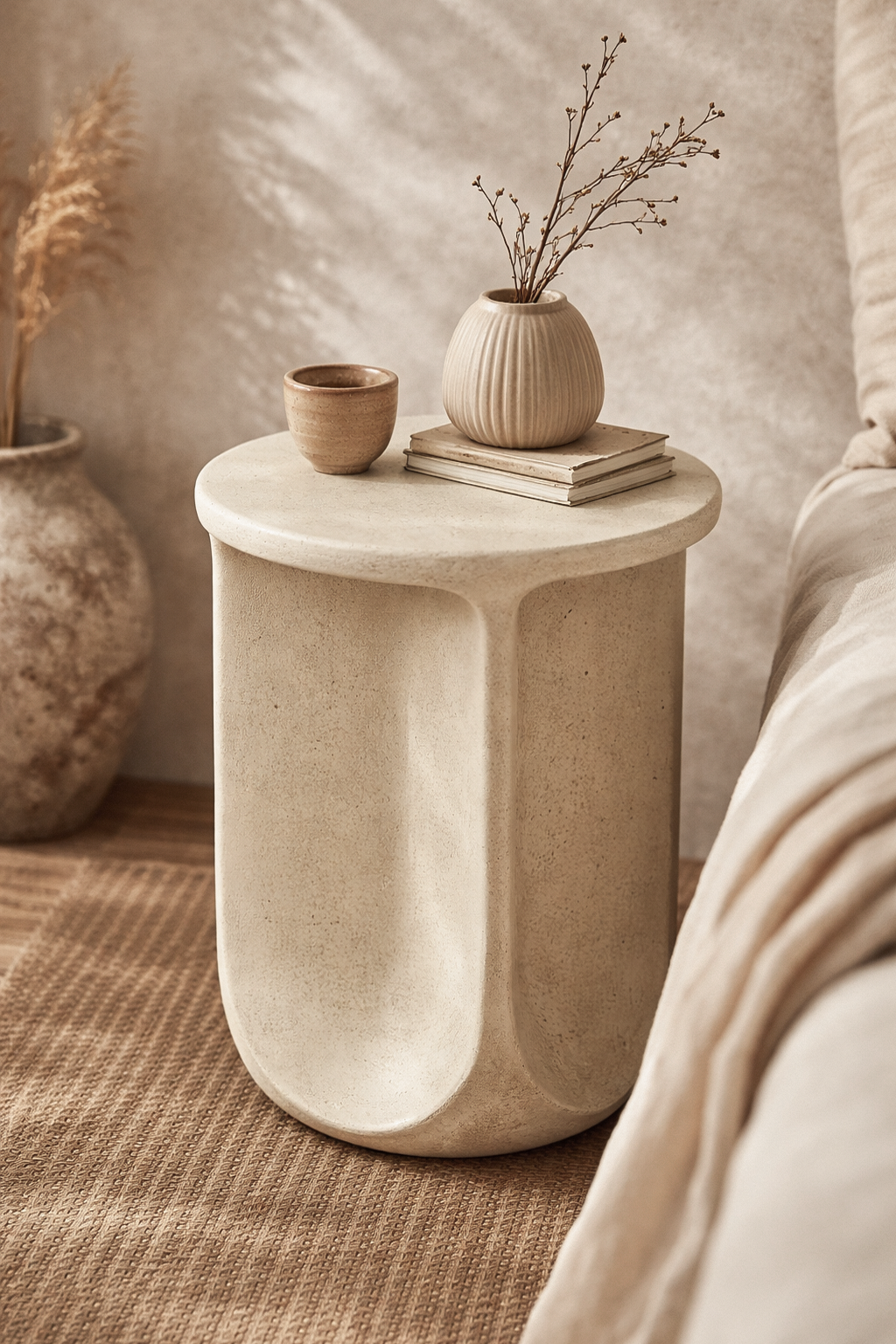 Berber side table in driftstone finish with sculptural curved form styled beside a bed in a soft neutral bedroom setting.