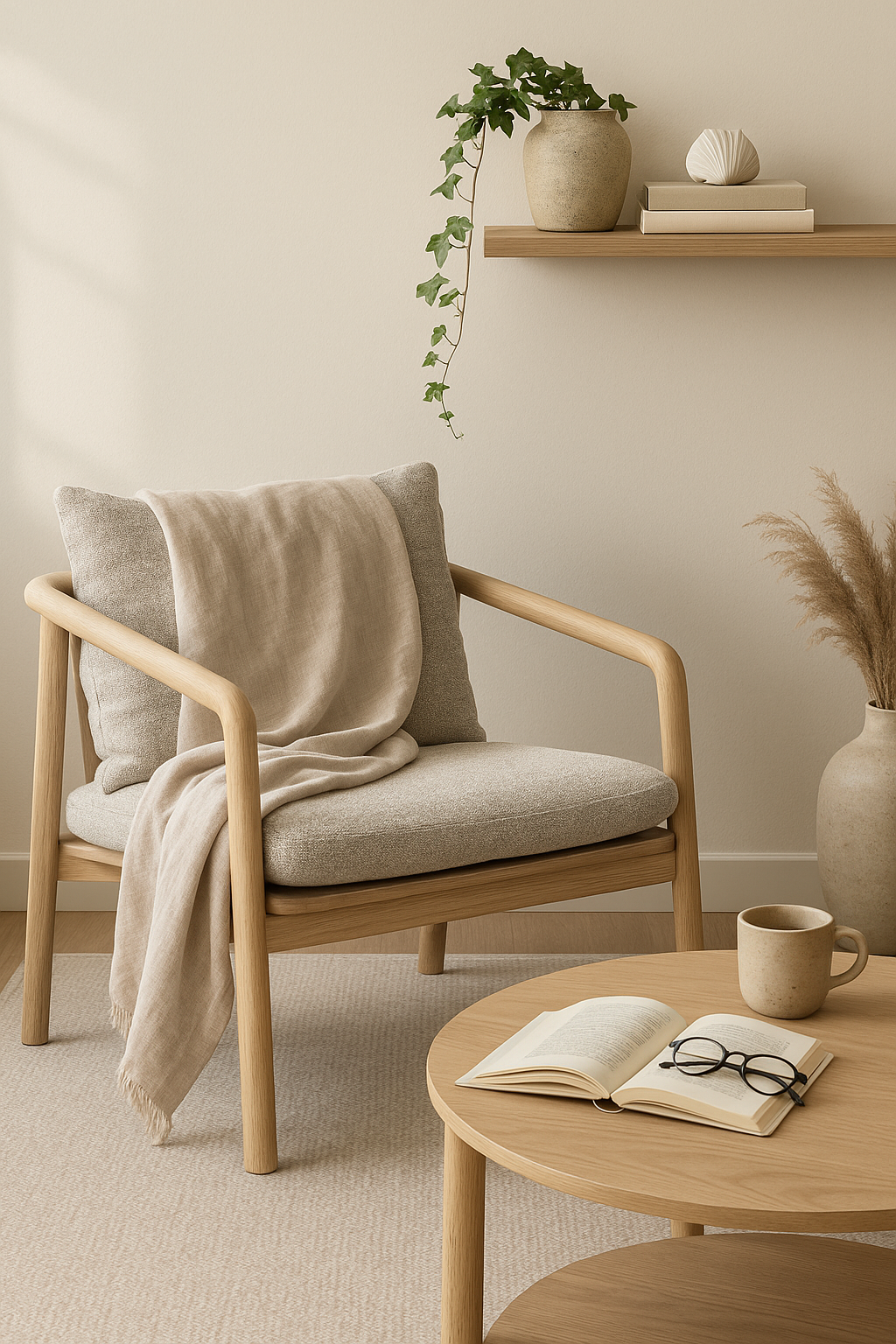 Billie Occasional Chair with natural oak frame and soft textured cushions, styled in a minimalist reading nook with neutral decor and a linen throw