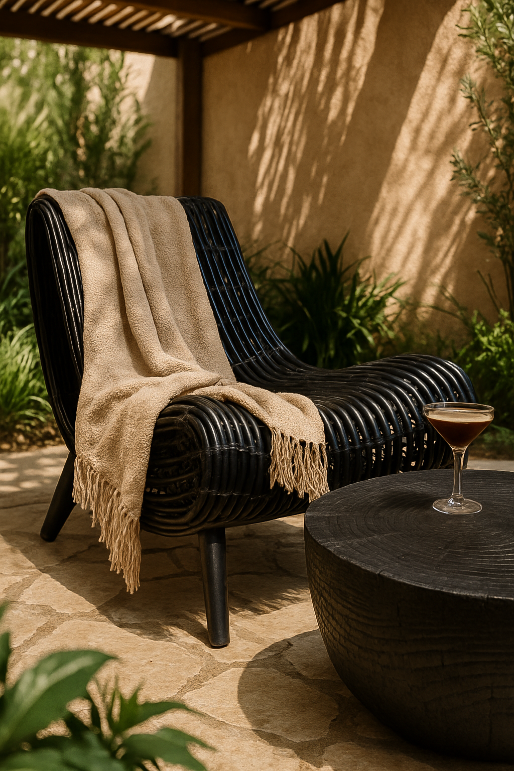 Black rattan outdoor Congo lounger styled with a beige throw in a shaded patio setting beside a round black timber table with an espresso martini.