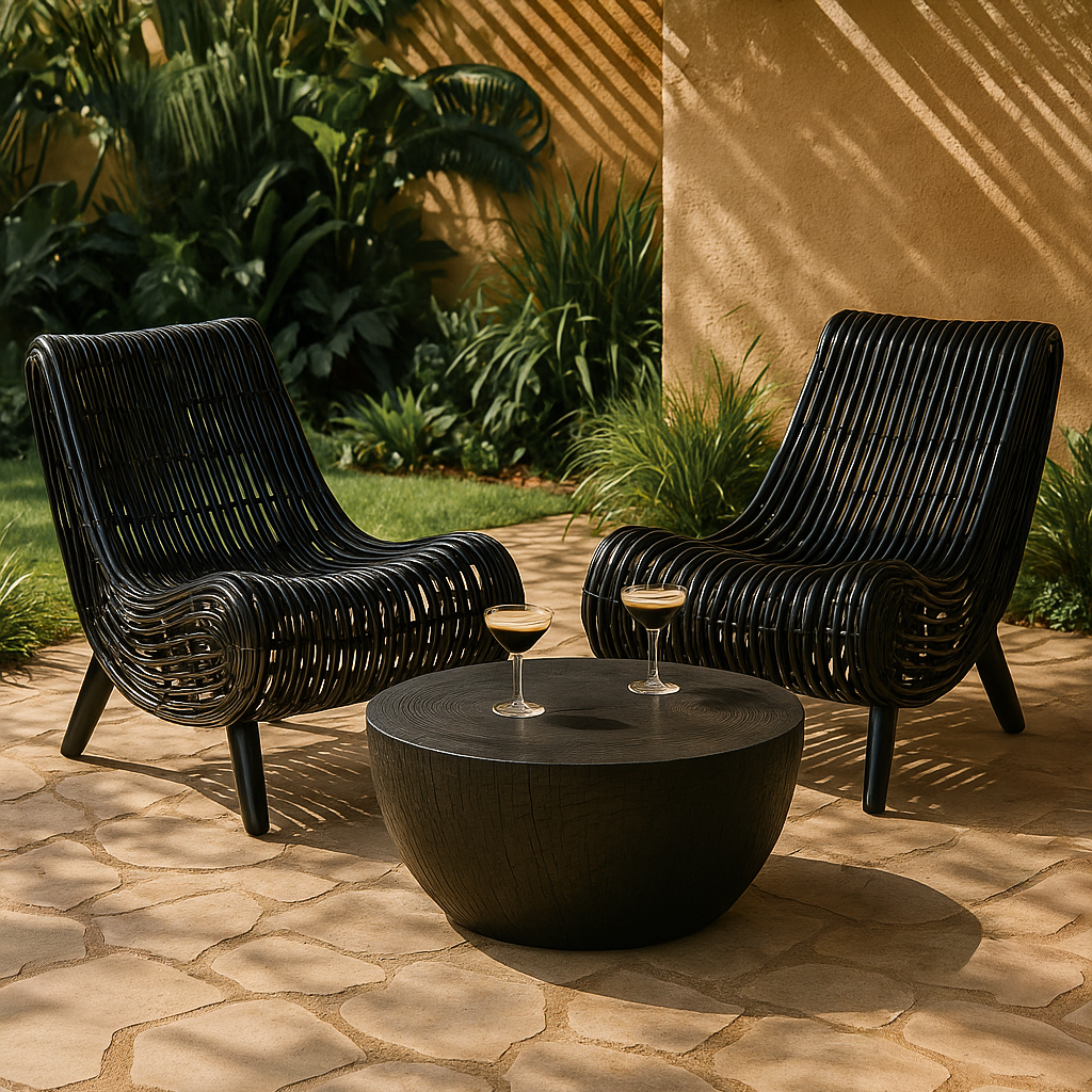 Pair of black congo rattan loungers styled in a sunny outdoor garden setting with a round black kisiki coffee table and two drinks