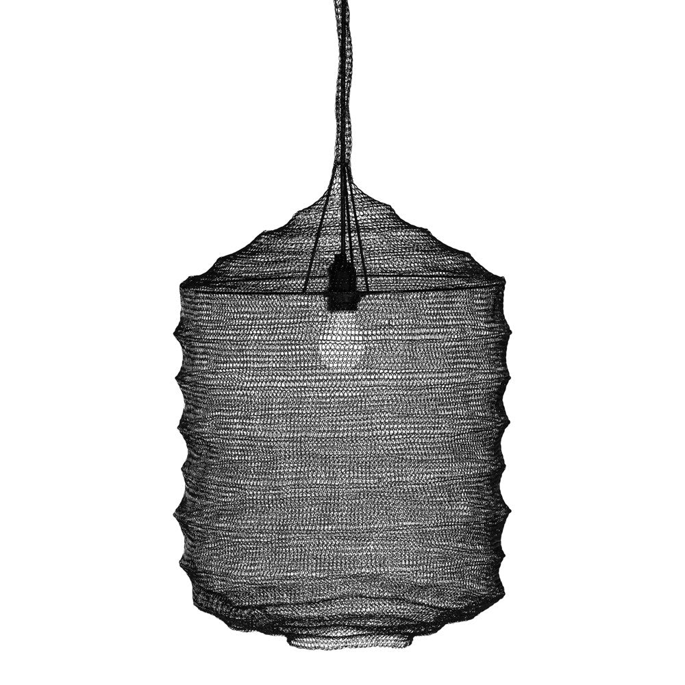 A black handwoven pendant light with a sculptural mesh design, showcasing artisanal craftsmanship and an airy, textural aesthetic perfect for modern interiors