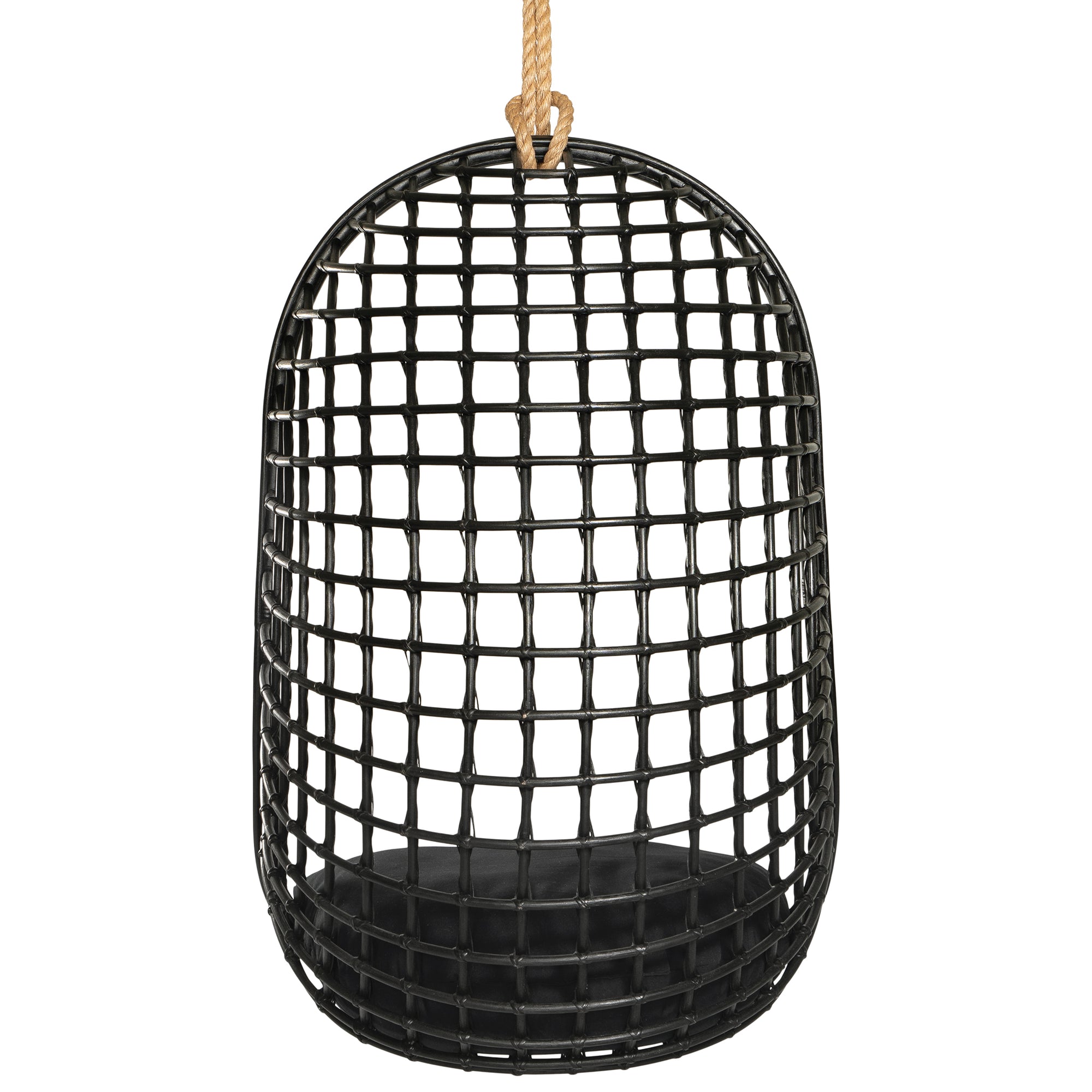 A stylish black hanging chair with an open-weave design, suspended by a natural rope and featuring a plush black cushion for ultimate relaxation