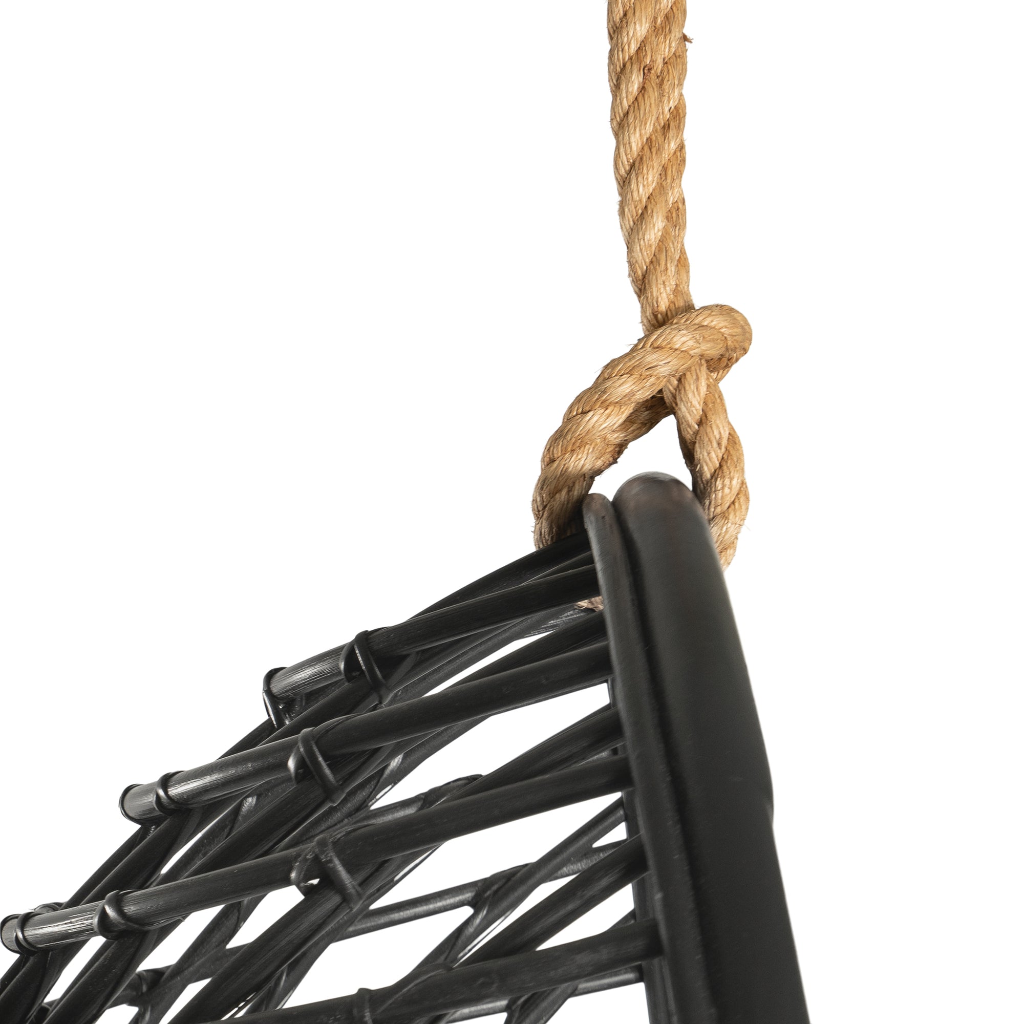 A stylish black hanging chair with an open-weave design, suspended by a natural rope and featuring a plush black cushion for ultimate relaxation