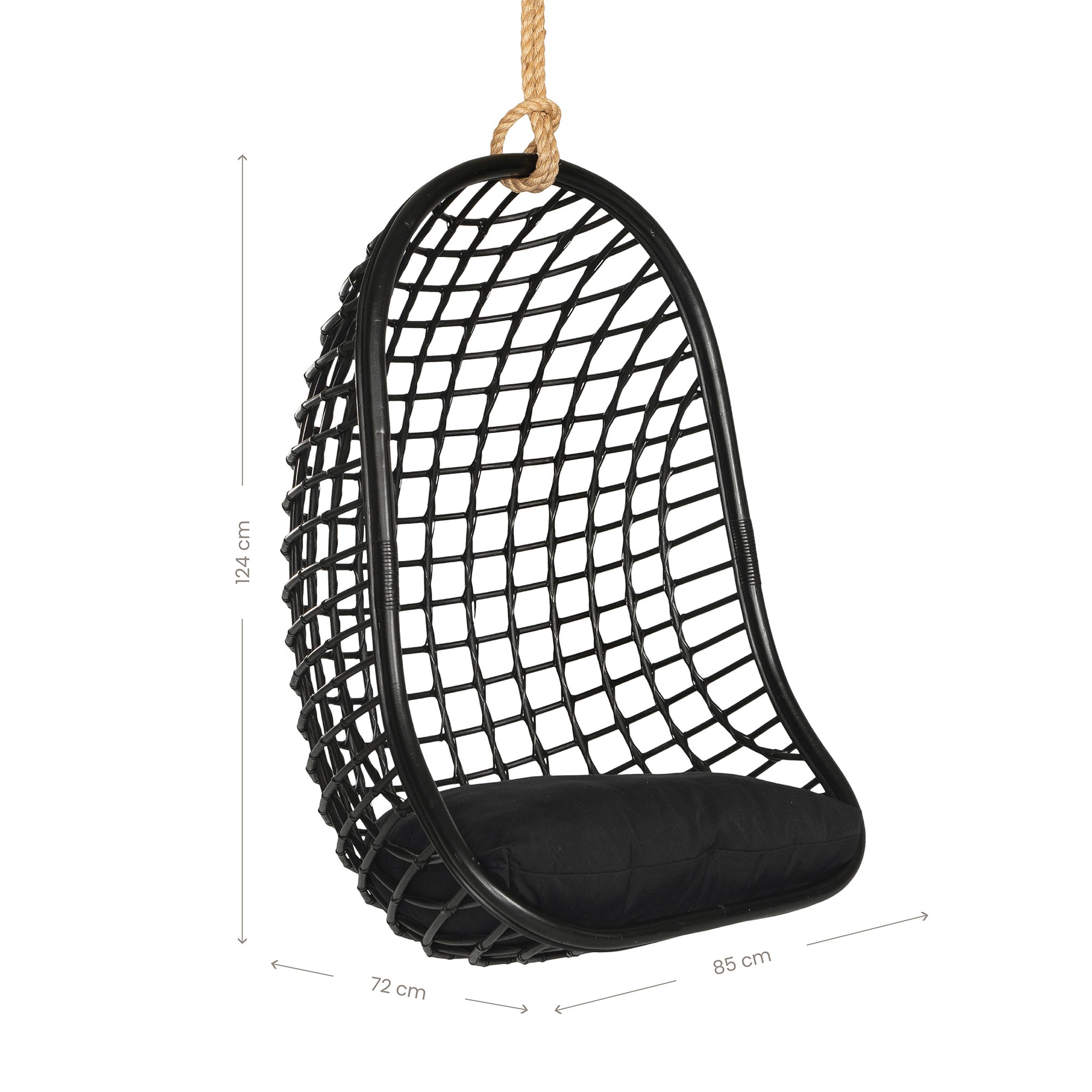 A stylish black hanging chair with an open-weave design, suspended by a natural rope and featuring a plush black cushion for ultimate relaxation