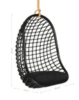 A stylish black hanging chair with an open-weave design, suspended by a natural rope and featuring a plush black cushion for ultimate relaxation