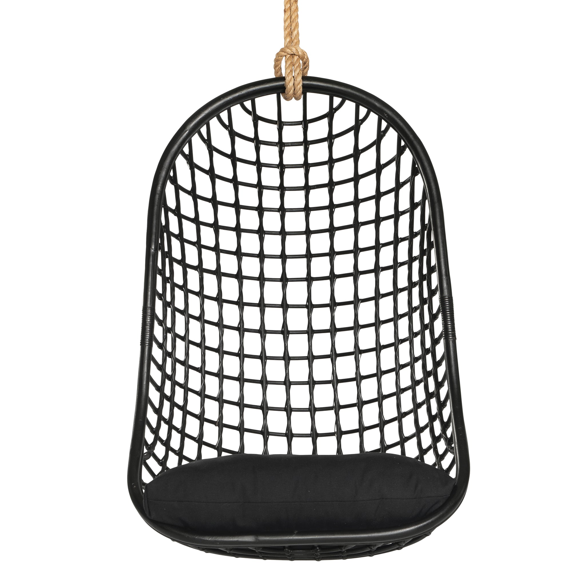A stylish black hanging chair with an open-weave design, suspended by a natural rope and featuring a plush black cushion for ultimate relaxation