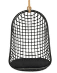 A stylish black hanging chair with an open-weave design, suspended by a natural rope and featuring a plush black cushion for ultimate relaxation