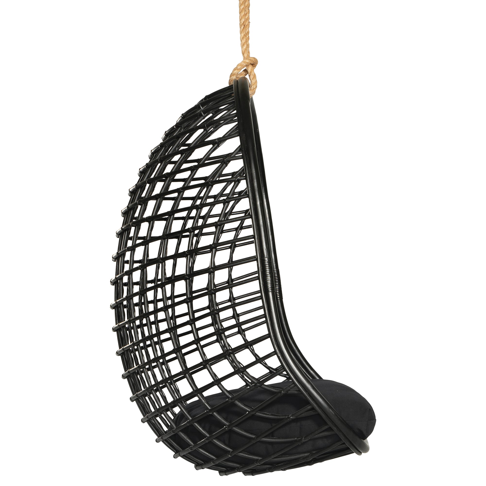 A stylish black hanging chair with an open-weave design, suspended by a natural rope and featuring a plush black cushion for ultimate relaxation