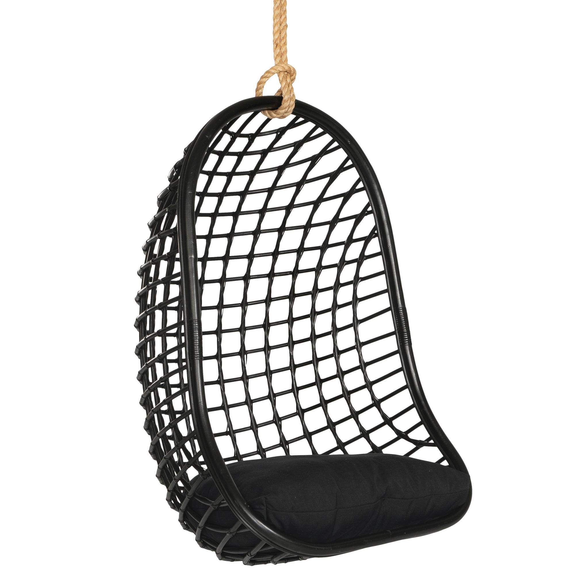 A stylish black hanging chair with an open-weave design, suspended by a natural rope and featuring a plush black cushion for ultimate relaxation