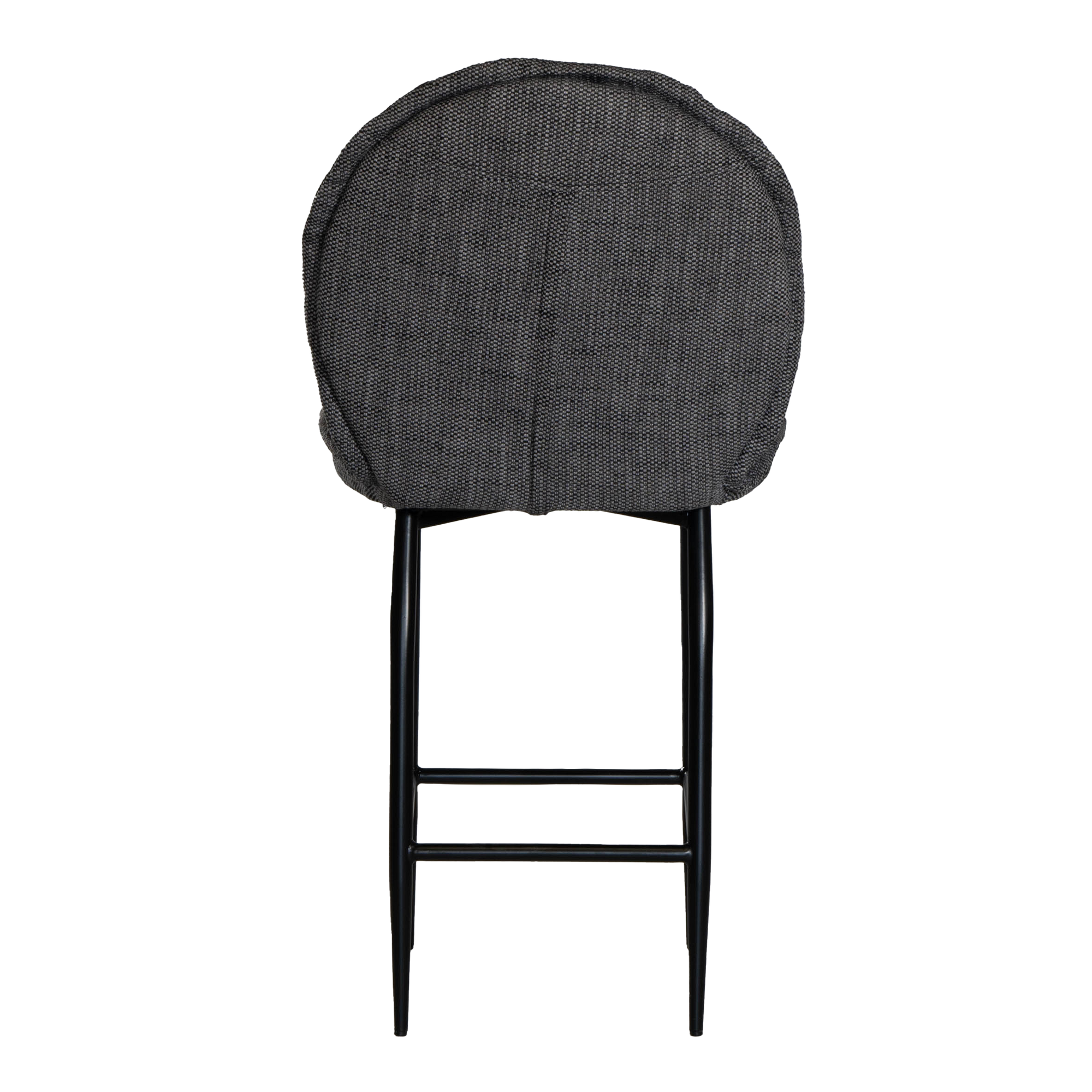 A black metal bar stool with a cushioned seat and backrest upholstered in dark linen fabric. Featuring a sleek yet relaxed design, this stool blends comfort with modern sophistication, ideal for contemporary kitchens or bar spaces