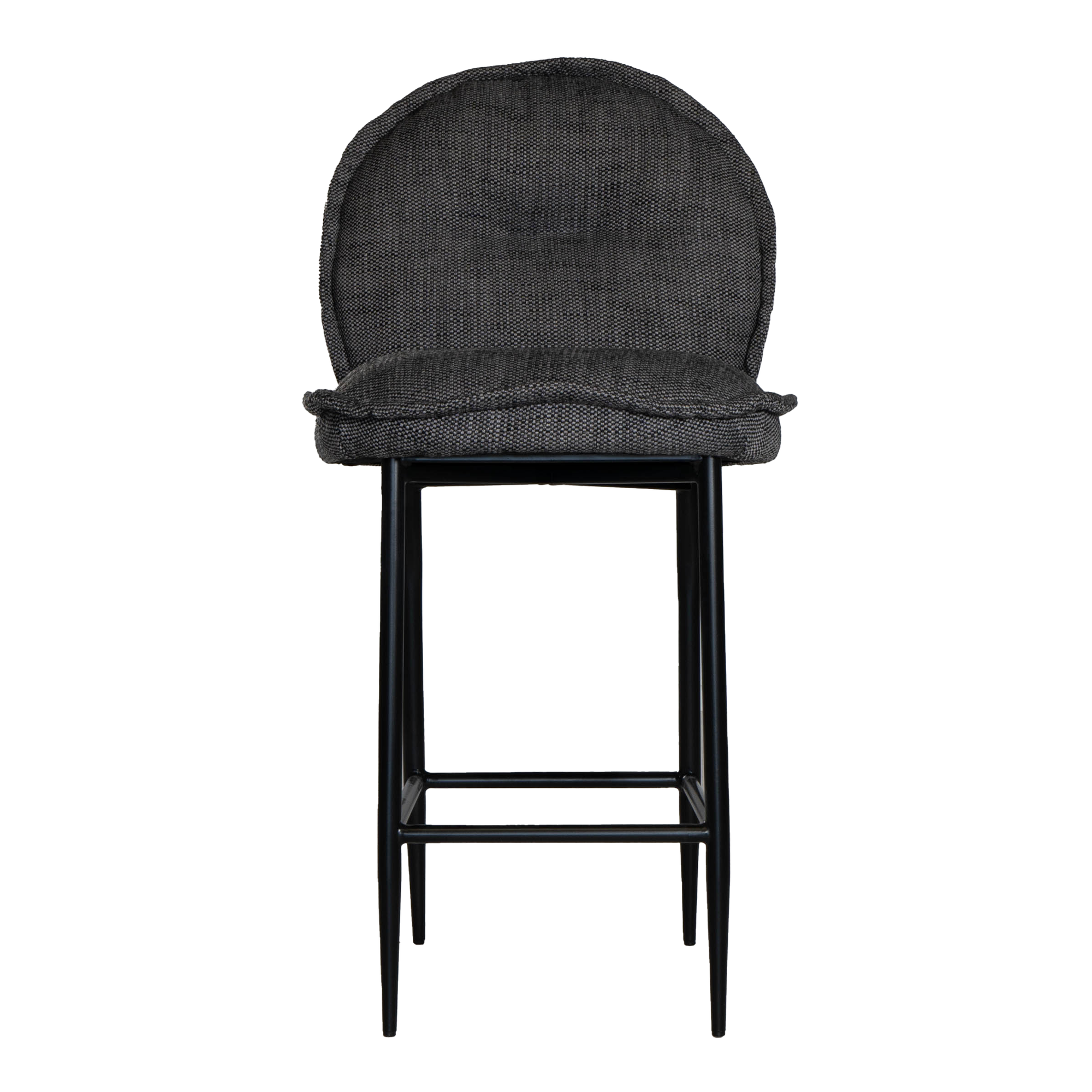 A black metal bar stool with a cushioned seat and backrest upholstered in dark linen fabric. Featuring a sleek yet relaxed design, this stool blends comfort with modern sophistication, ideal for contemporary kitchens or bar spaces
