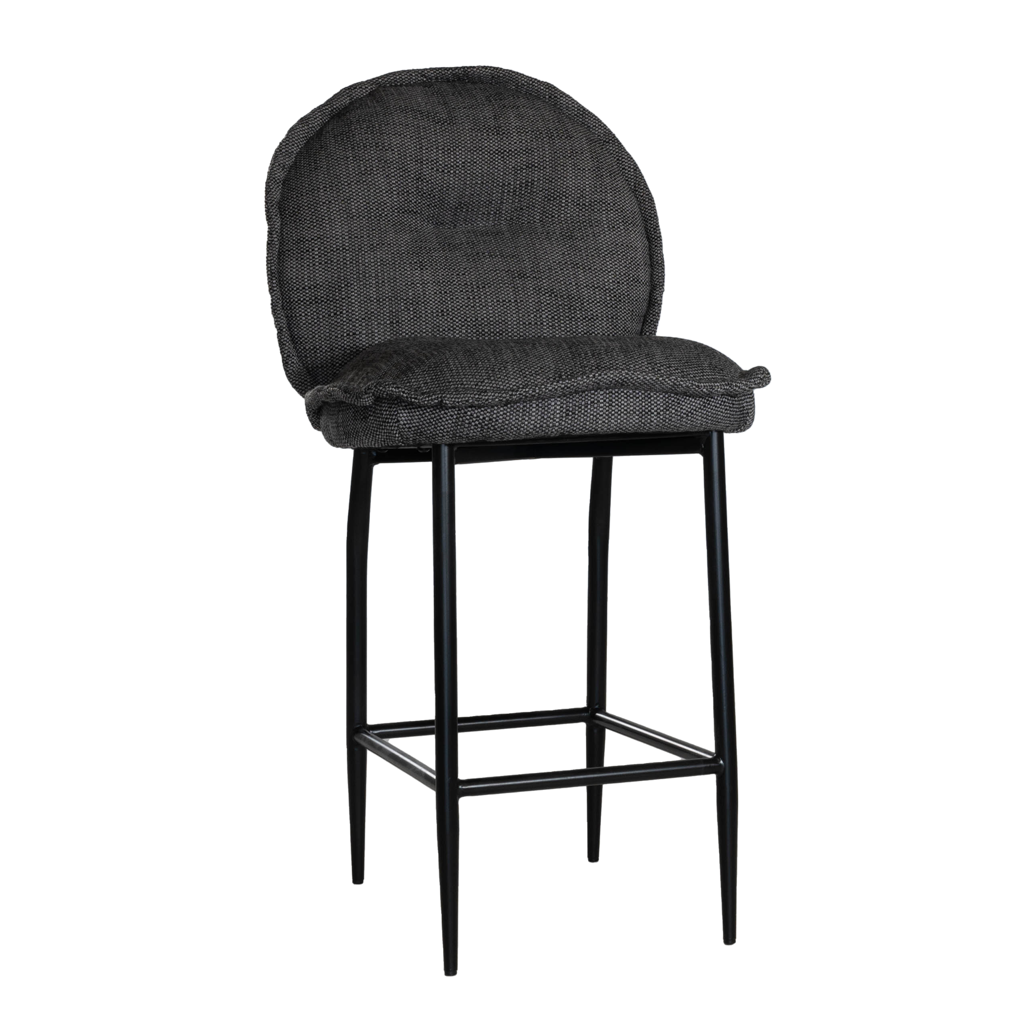 A black metal bar stool with a cushioned seat and backrest upholstered in dark linen fabric. Featuring a sleek yet relaxed design, this stool blends comfort with modern sophistication, ideal for contemporary kitchens or bar spaces