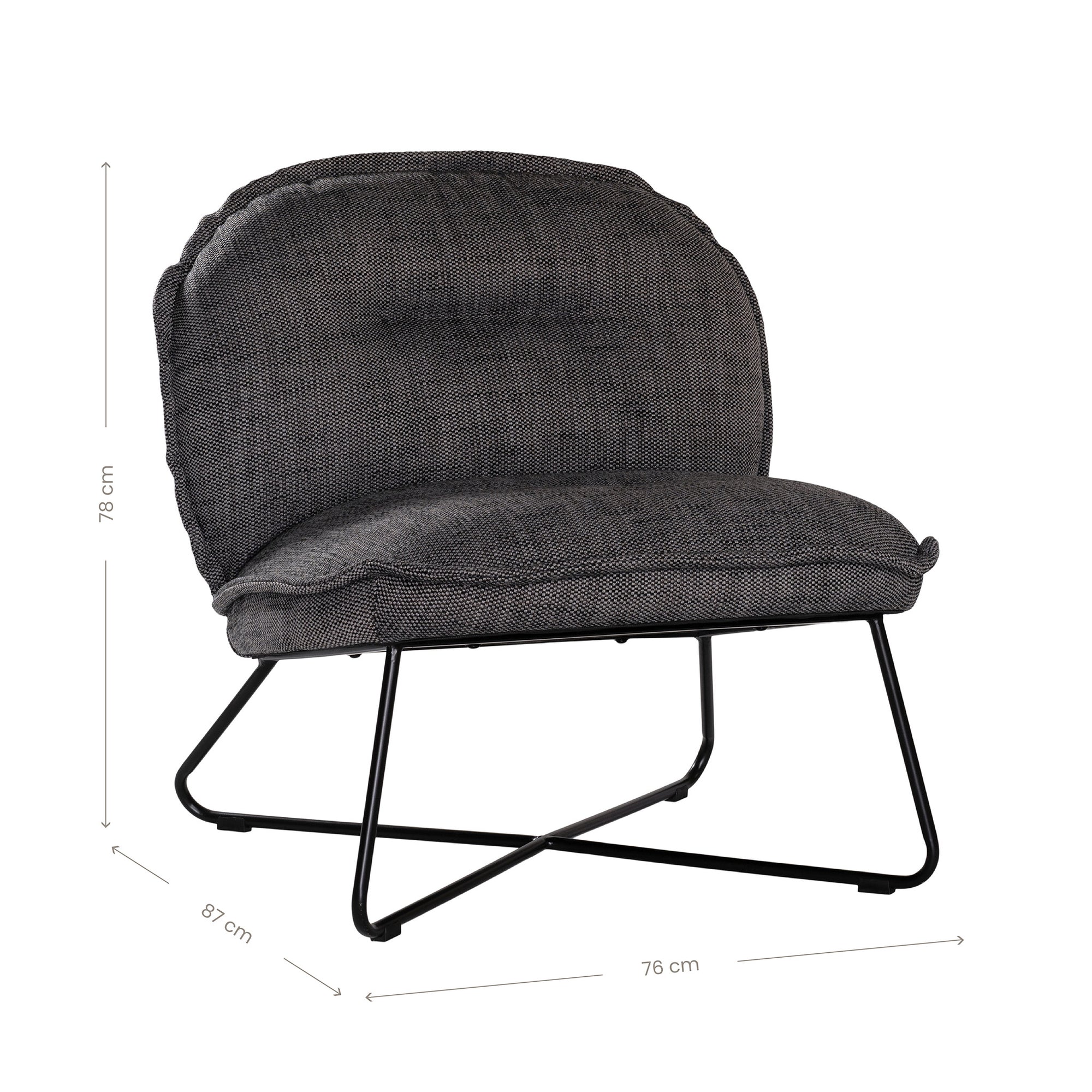 A modern black lounge chair featuring a cushioned seat and backrest upholstered in textured dark linen fabric. Designed with a sleek metal frame, this chair offers a stylish and comfortable seating option for contemporary interiors