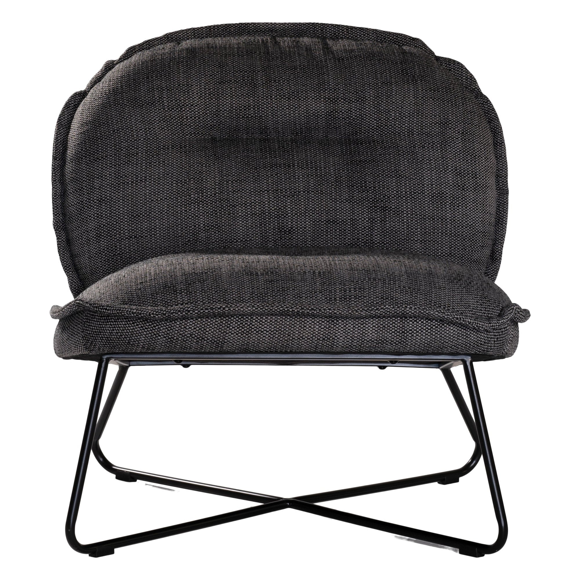 A modern black lounge chair featuring a cushioned seat and backrest upholstered in textured dark linen fabric. Designed with a sleek metal frame, this chair offers a stylish and comfortable seating option for contemporary interiors