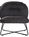 A modern black lounge chair featuring a cushioned seat and backrest upholstered in textured dark linen fabric. Designed with a sleek metal frame, this chair offers a stylish and comfortable seating option for contemporary interiors