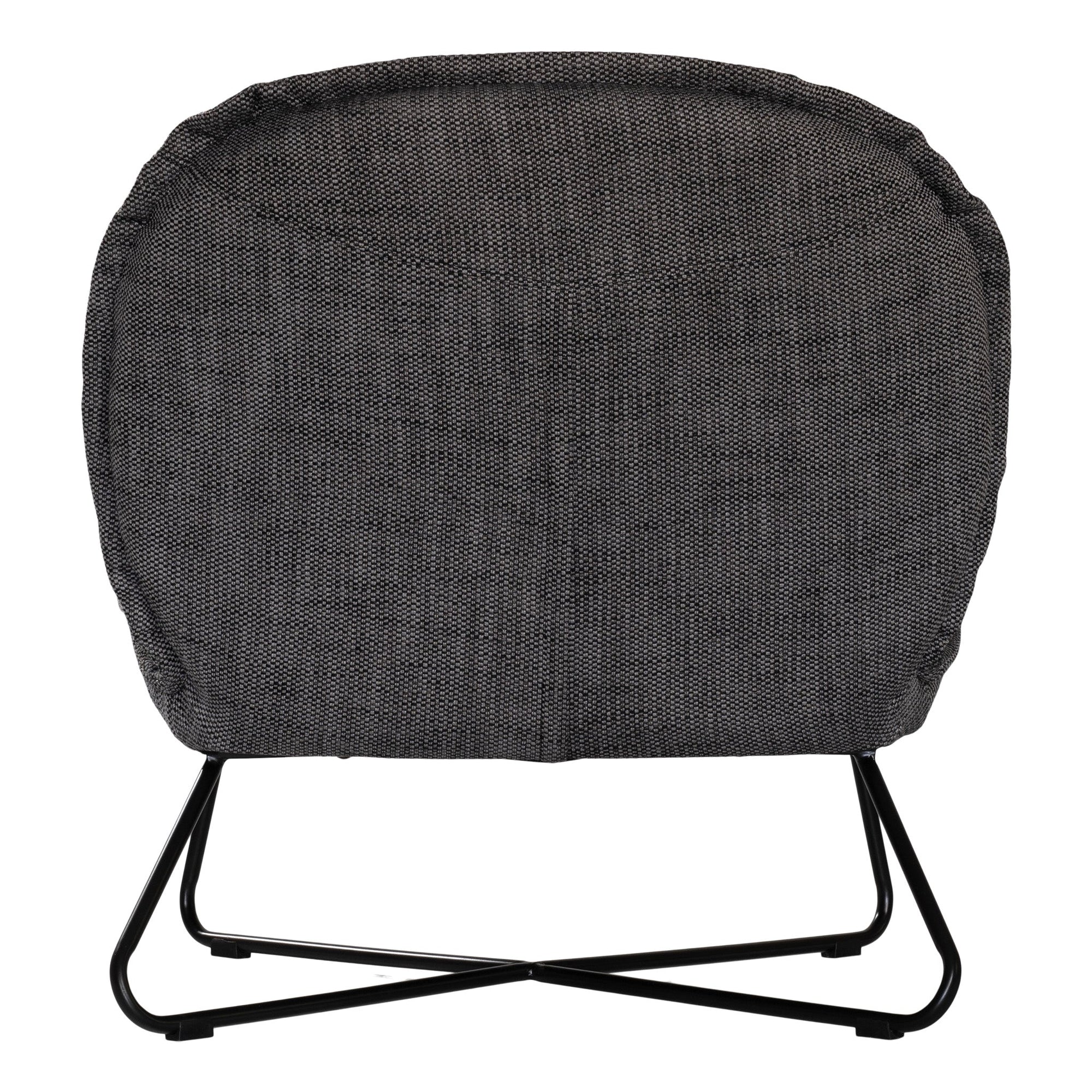 A modern black lounge chair featuring a cushioned seat and backrest upholstered in textured dark linen fabric. Designed with a sleek metal frame, this chair offers a stylish and comfortable seating option for contemporary interiors