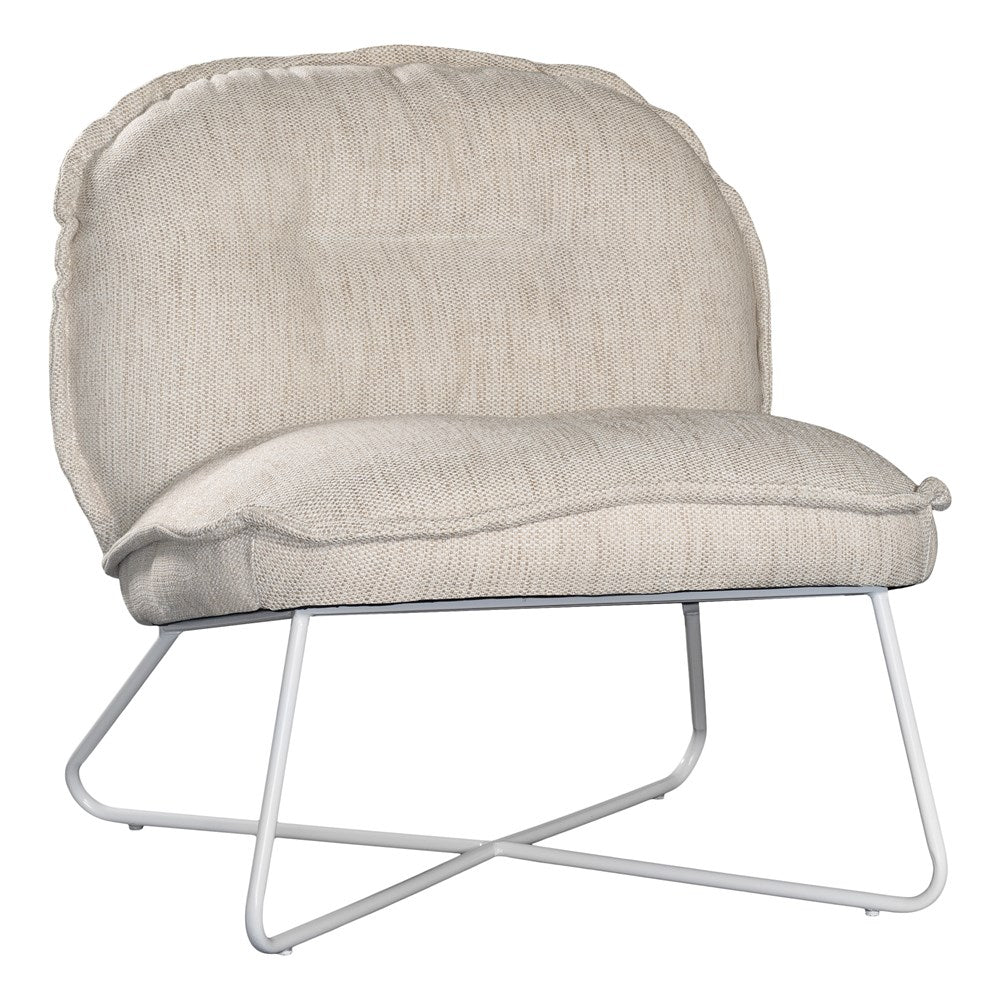 A modern natural lounge chair featuring a cushioned seat and backrest upholstered in textured linen fabric. Designed with a sleek metal frame, this chair offers a stylish and comfortable seating option for contemporary interiors