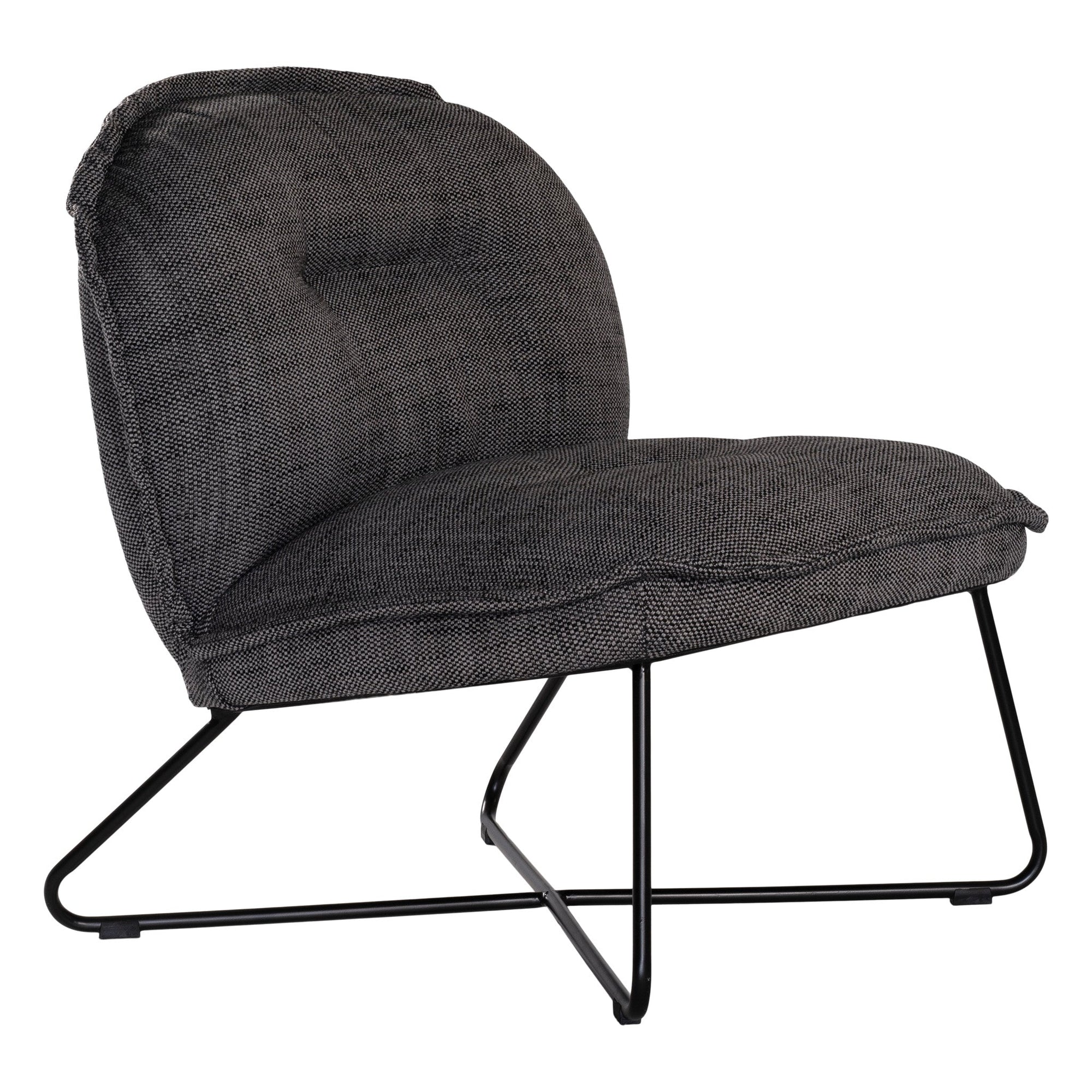 A modern black lounge chair featuring a cushioned seat and backrest upholstered in textured dark linen fabric. Designed with a sleek metal frame, this chair offers a stylish and comfortable seating option for contemporary interiors