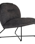 A modern black lounge chair featuring a cushioned seat and backrest upholstered in textured dark linen fabric. Designed with a sleek metal frame, this chair offers a stylish and comfortable seating option for contemporary interiors