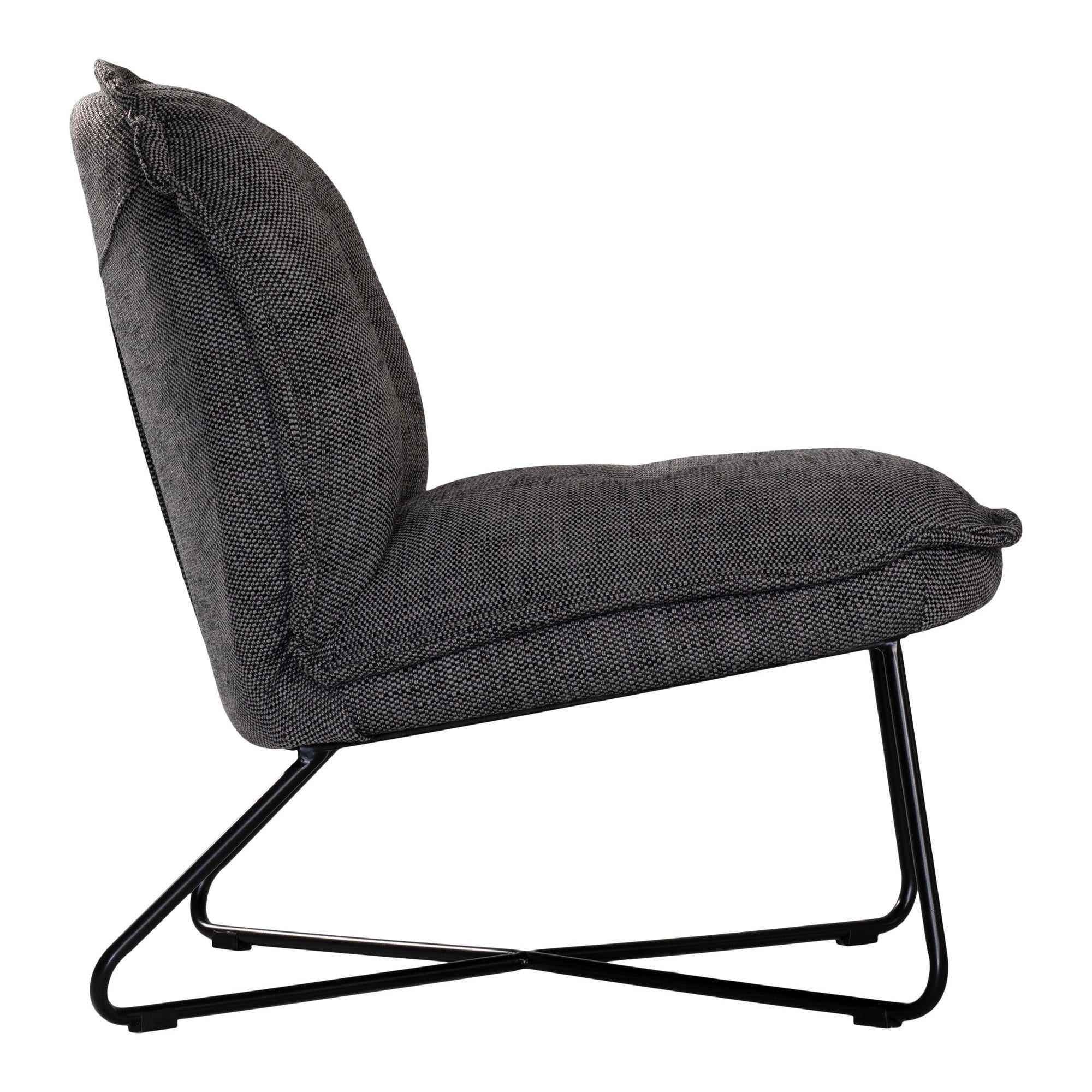A modern black lounge chair featuring a cushioned seat and backrest upholstered in textured dark linen fabric. Designed with a sleek metal frame, this chair offers a stylish and comfortable seating option for contemporary interiors
