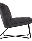 A modern black lounge chair featuring a cushioned seat and backrest upholstered in textured dark linen fabric. Designed with a sleek metal frame, this chair offers a stylish and comfortable seating option for contemporary interiors
