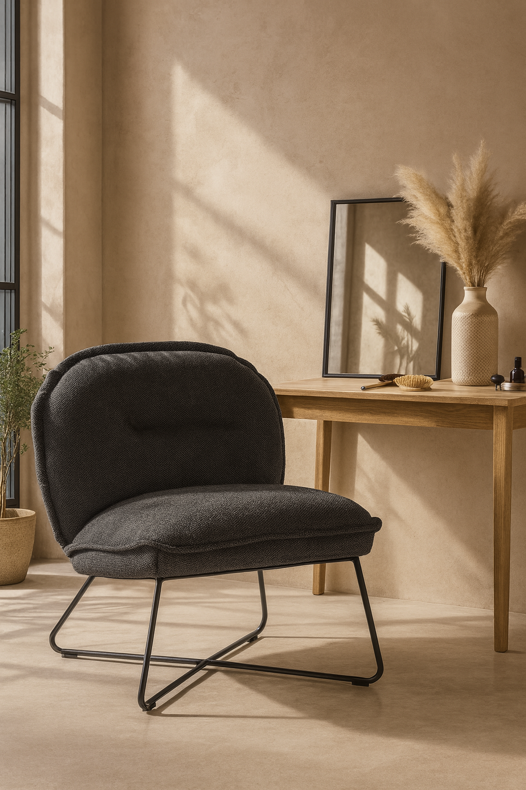 Black upholstered occasional chair with sleek metal legs, styled in a neutral-toned room with a timber desk, pampas grass vase, and soft natural light.