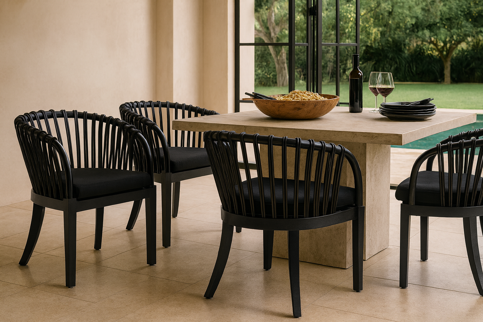 Outdoor dining scene with six black rattan dining chairs around a stone table, styled with a large timber salad bowl and wine, set beside a pool and lush garden backdrop