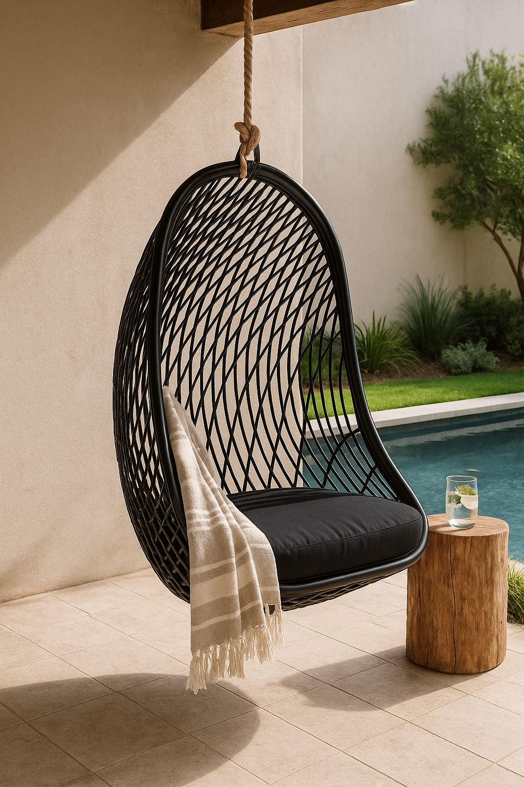 Black hanging outdoor chair with woven frame and cushion, styled with a neutral throw beside a poolside garden setting